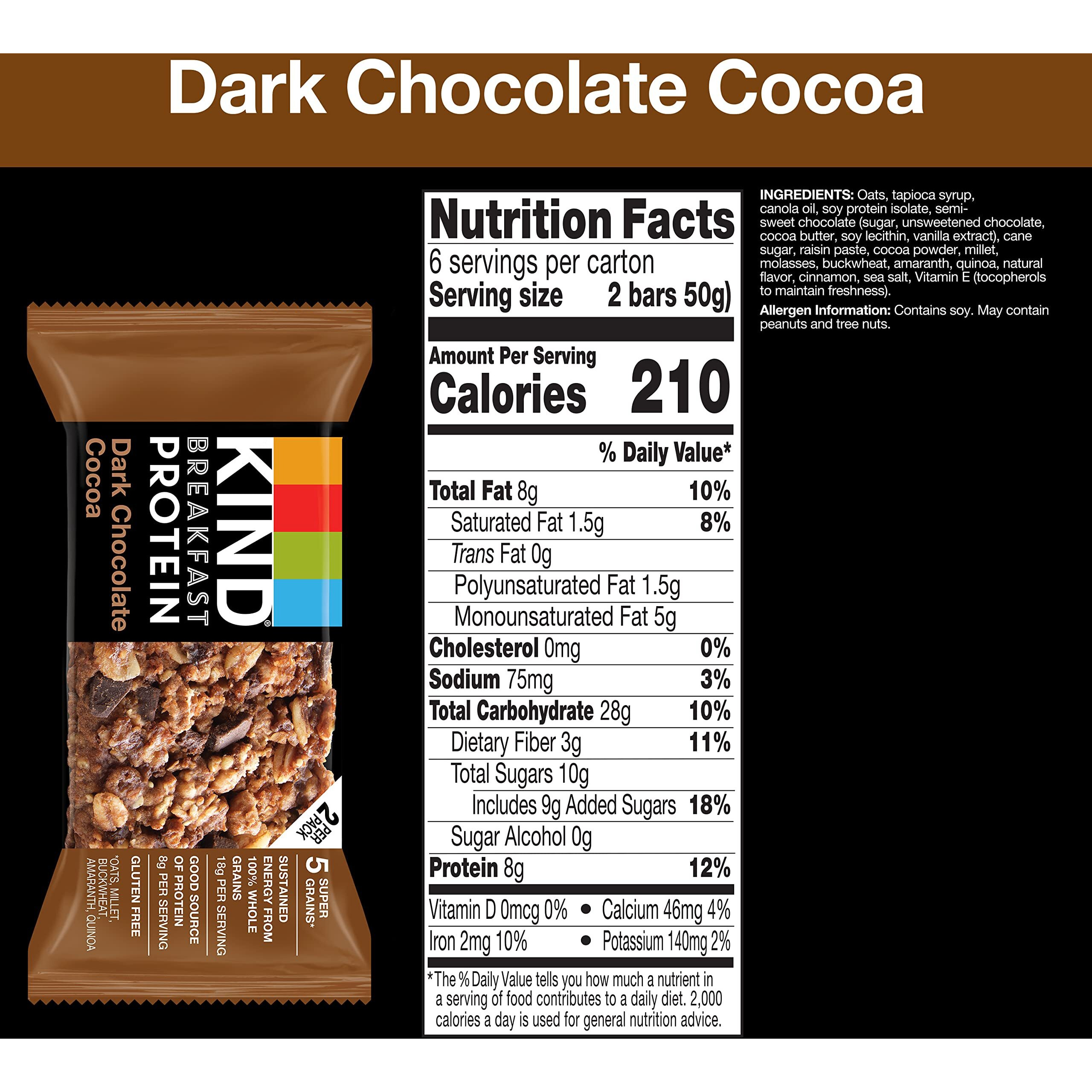 Kind Breakfast, Healthy Snack Bar, Dark Chocolate Cocoa, Gluten Free Breakfast Bars, 8G Protein, 1.76 Oz Packs (30 Count)