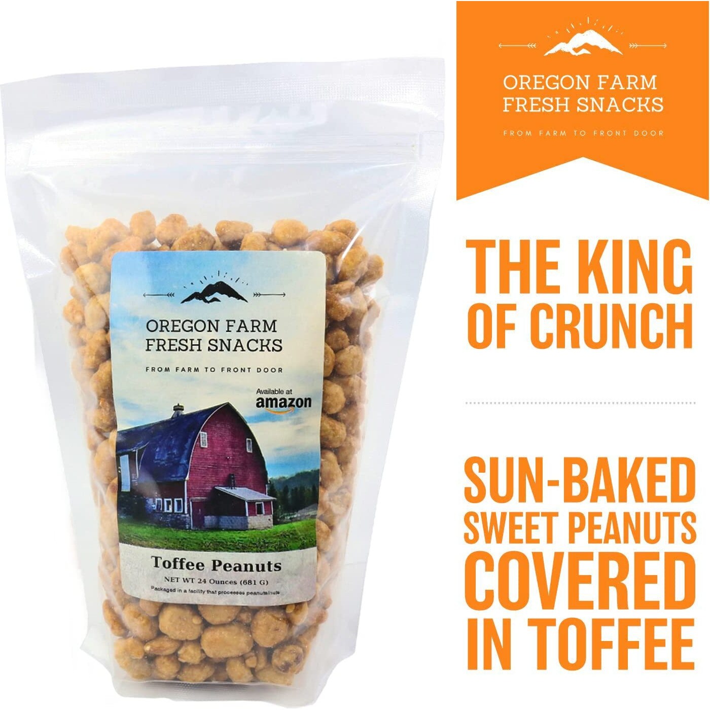Oregon Farm Fresh Snacks Toffee Peanuts - Sun-Baked Sweet Covered In Toffee - Locally Made Butter Snack - All Natural Ingredients - Resealable Bag Guarantees Freshness - (24Oz)