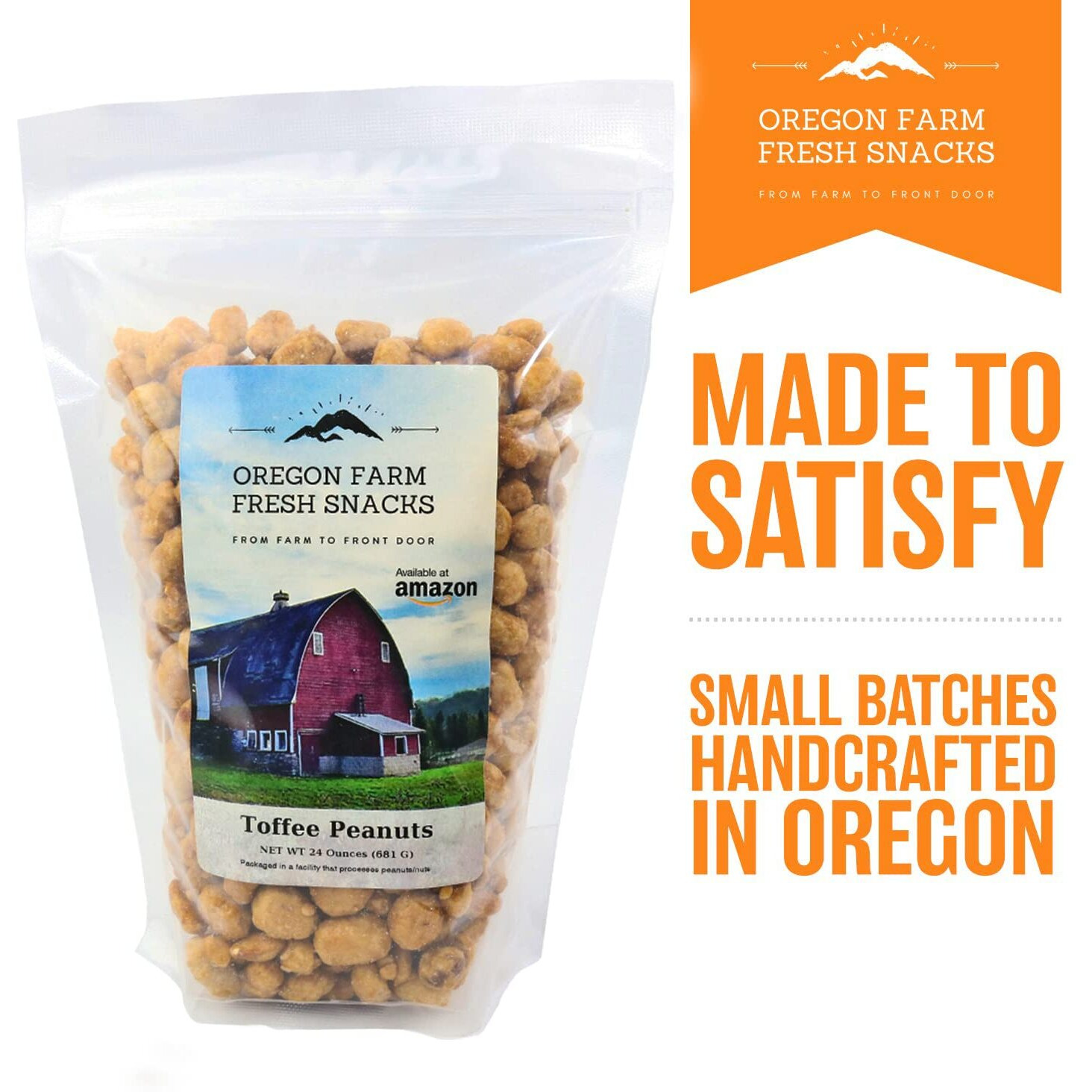 Oregon Farm Fresh Snacks Toffee Peanuts - Sun-Baked Sweet Covered In Toffee - Locally Made Butter Snack - All Natural Ingredients - Resealable Bag Guarantees Freshness - (24Oz)