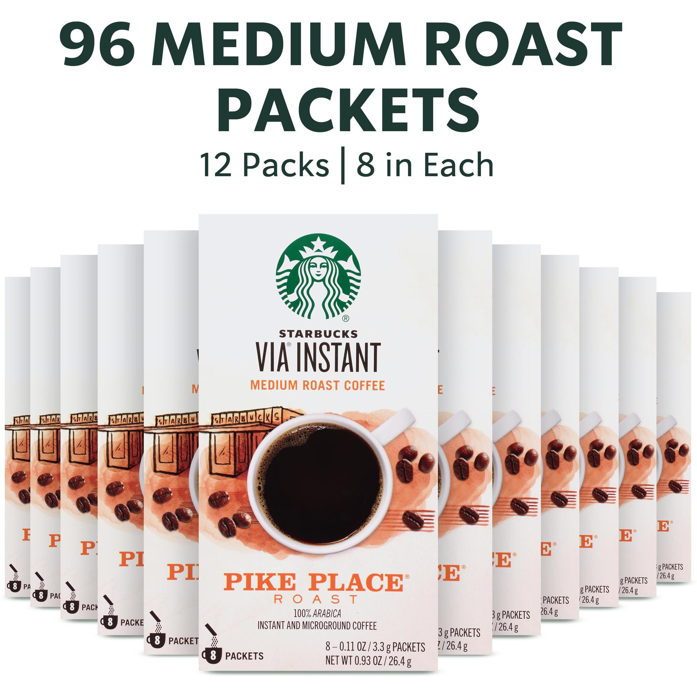 Starbucks Via Instant Coffee, Medium Roast Coffee, Pike Place Roast, 100% Arabica, 12 Boxes (96 Packets Total)