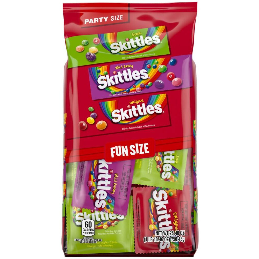 Skittles Original, Skittles Wild Berry & Skittles Sour Fun Size Chewy Candy Variety Pack, Party Size, 26.46 Oz Bulk Bag