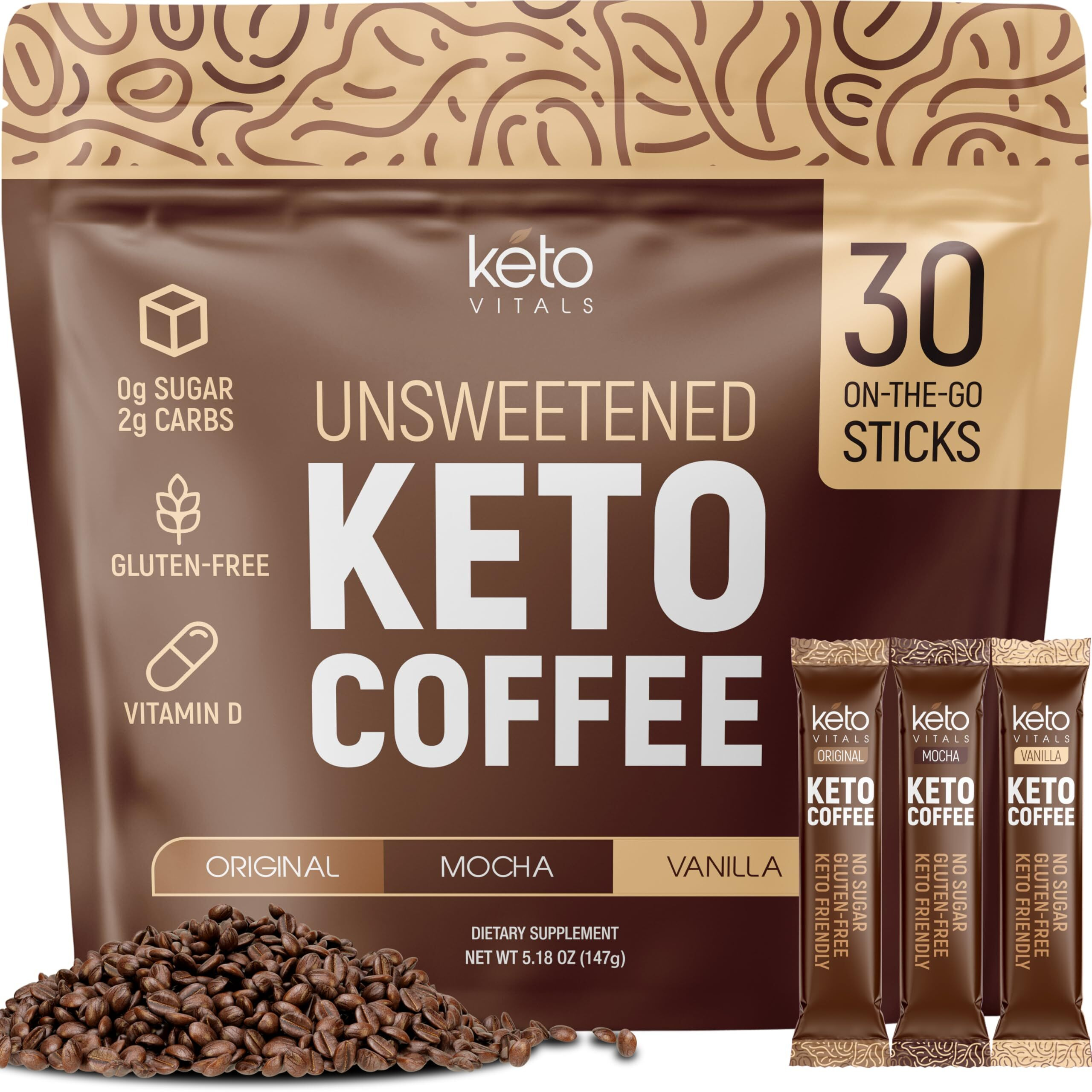 Keto Vitals Instant Keto Coffee Powder - Low-Calorie Unsweetened Instant Coffee Packets, Single Serve - Keto Coffee Instant Mix In Original, Vanilla, & Mocha Flavors - 30 Count