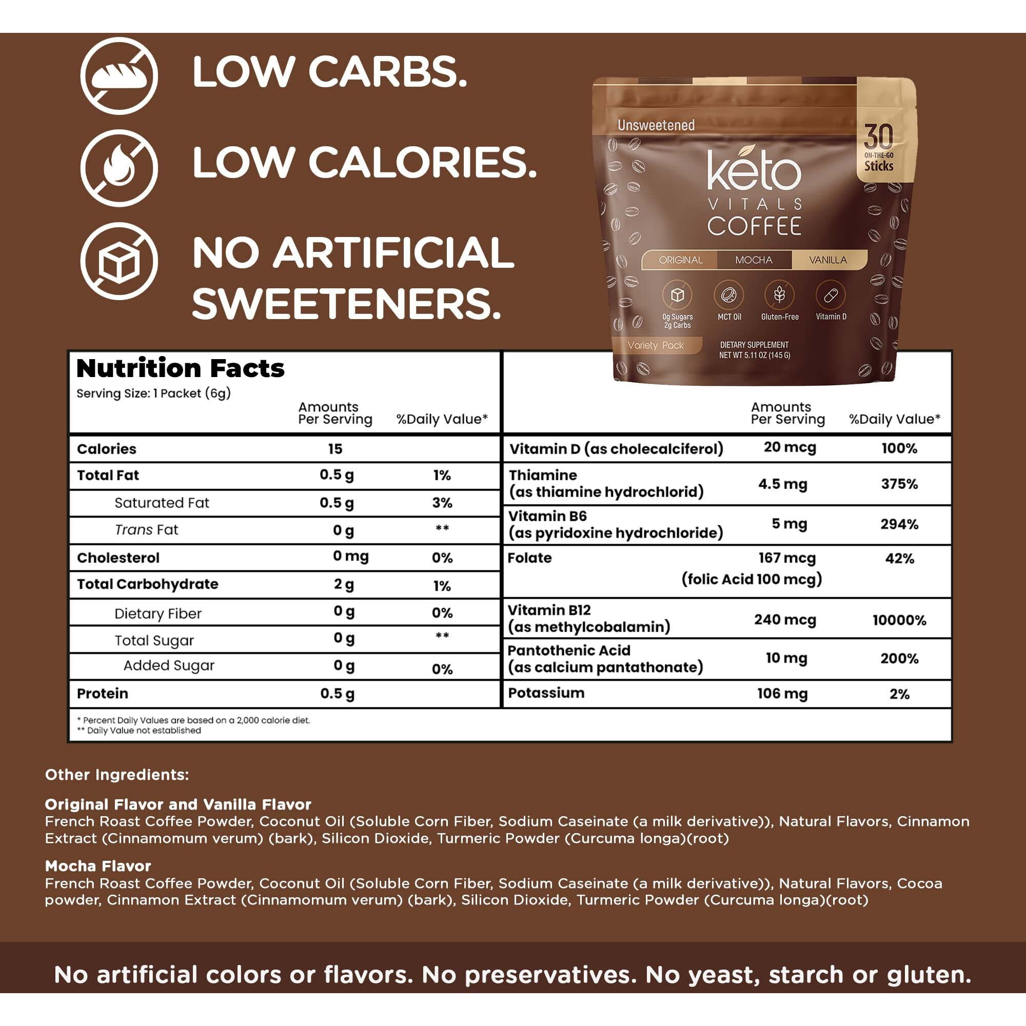 Keto Vitals Instant Keto Coffee Powder - Low-Calorie Unsweetened Instant Coffee Packets, Single Serve - Keto Coffee Instant Mix In Original, Vanilla, & Mocha Flavors - 30 Count