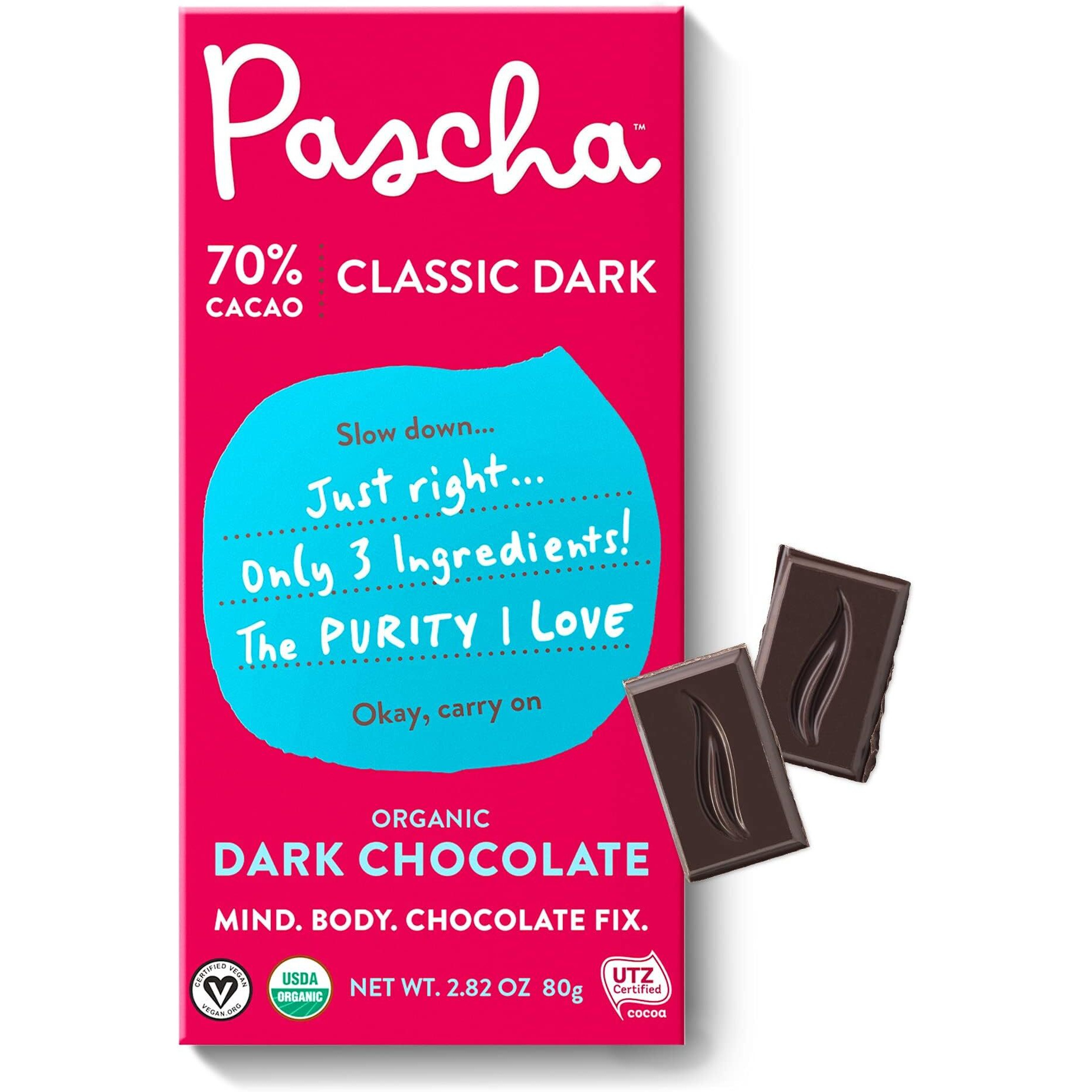 Pascha Organic Dark Chocolate Bars, 70% Cacao, Utz, Gluten Free, Non Gmo, 2.82 Oz, Pack Of 10