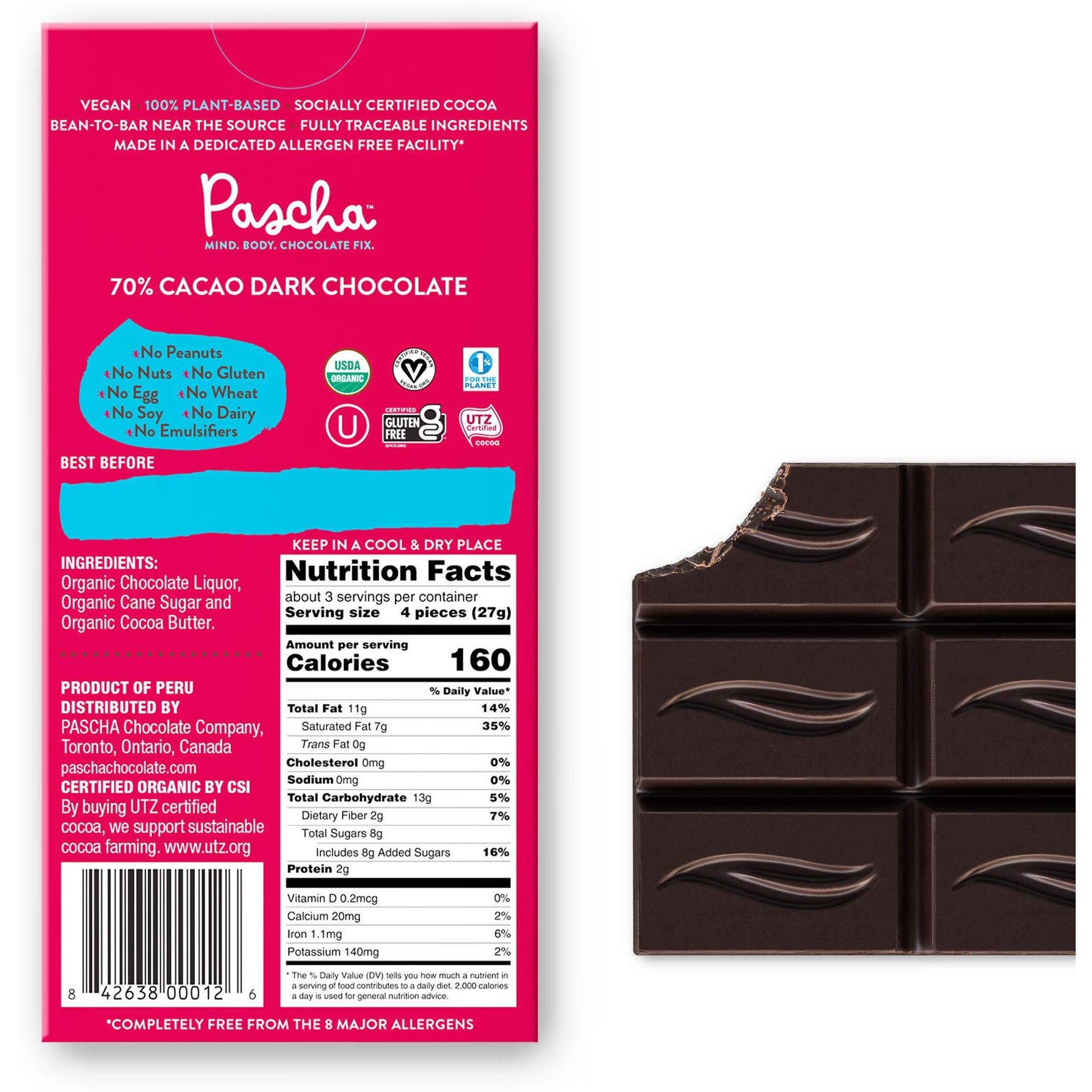 Pascha Organic Dark Chocolate Bars, 70% Cacao, Utz, Gluten Free, Non Gmo, 2.82 Oz, Pack Of 10
