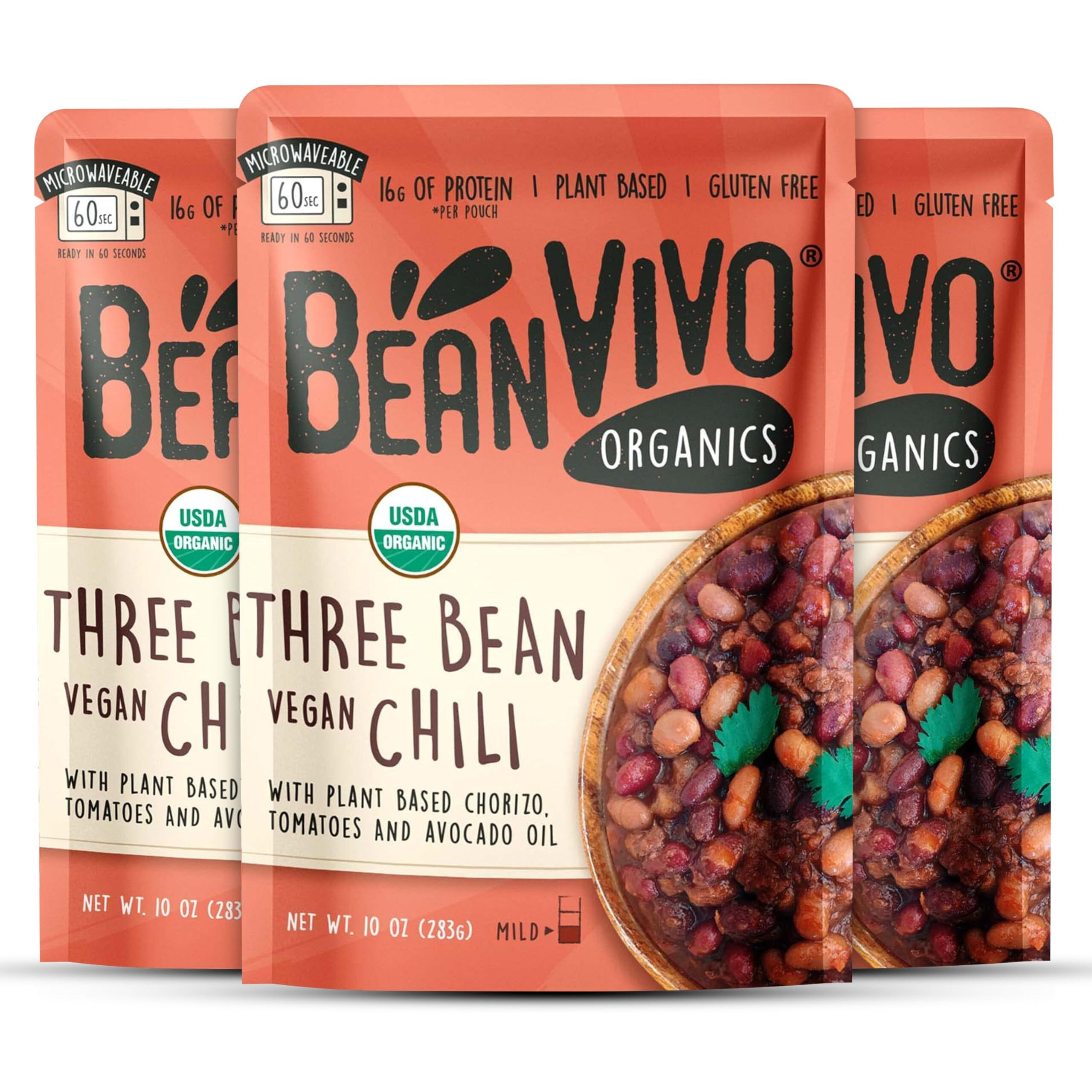Beanvivo (Pack Of 3) Organics Plant Based Protein Three Bean Vegan Chili - Good Source Of Fiber - Nutritious & Microwave Meals - Gluten-Free Plant Food - 10 Oz