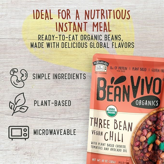 Beanvivo (Pack Of 3) Organics Plant Based Protein Three Bean Vegan Chili - Good Source Of Fiber - Nutritious & Microwave Meals - Gluten-Free Plant Food - 10 Oz