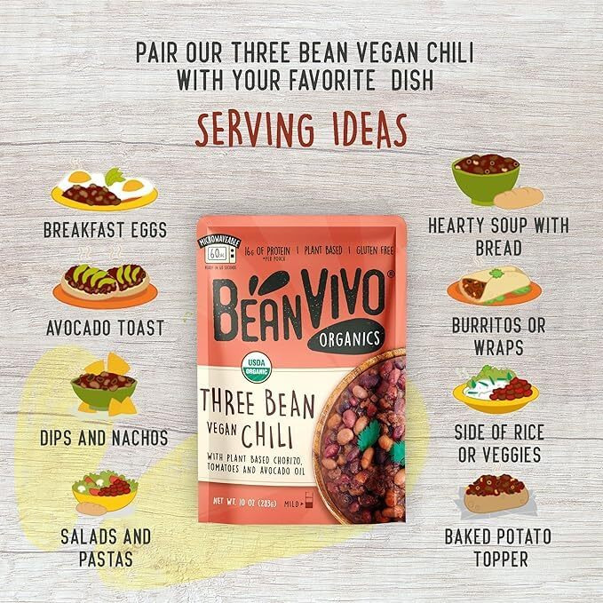Beanvivo (Pack Of 3) Organics Plant Based Protein Three Bean Vegan Chili - Good Source Of Fiber - Nutritious & Microwave Meals - Gluten-Free Plant Food - 10 Oz