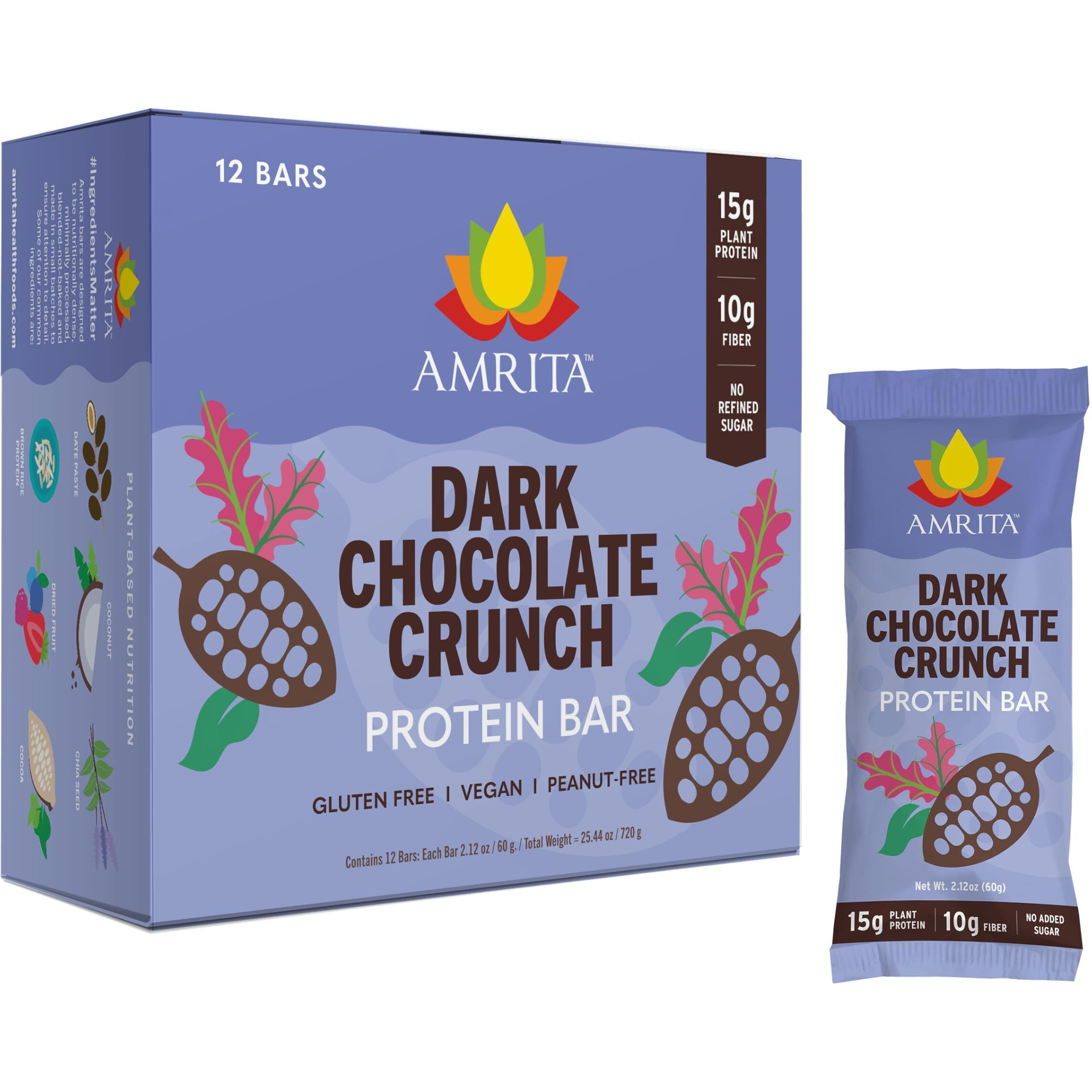 Amrita Dark Chocolate Quinoa Vegan Protein Bars, Peanut/Dairy Free, Soy & Gluten Free - 15G Plant Based Protein Bars, High Fiber, Low Sugar Meal Replacement Bar, Breakfast Bars