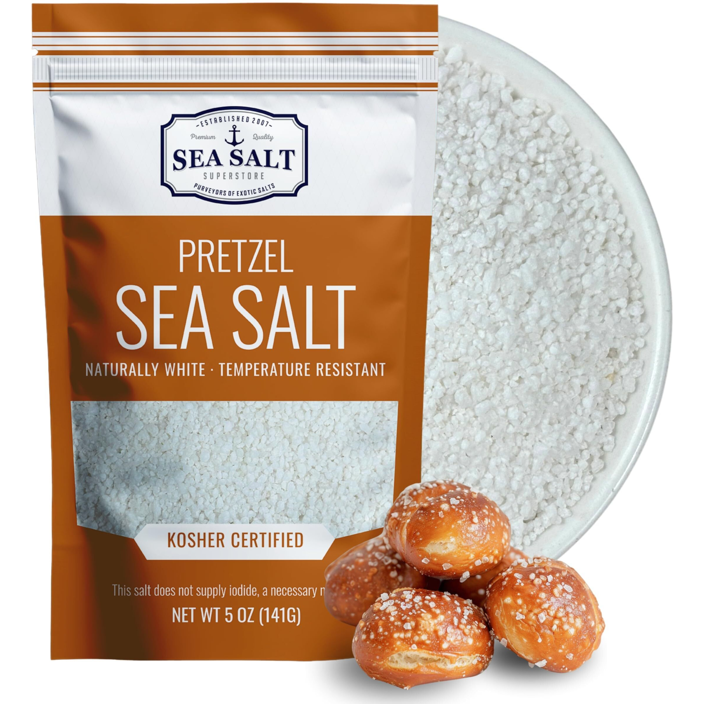 Pretzel Sea Salt, Coarse Sea Salt For Soft Pretzels, Heat Resistant Bagel And Soft Pretzel Salt, All Natural Sea Salt For Baking, 5 Oz Bag, Sea Salt Superstore
