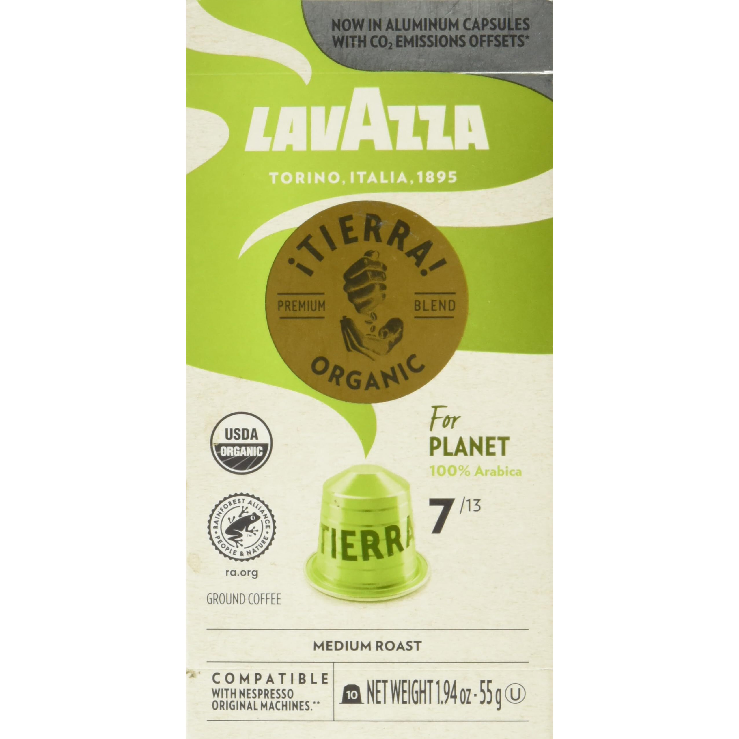 Lavazza Tierra Planet Usda Organic Espresso Aluminum Capsules Compatible With Nespresso Original Machines, 10 Count, Medium Roast, 100% Arabica, Intensity 7 Of 13