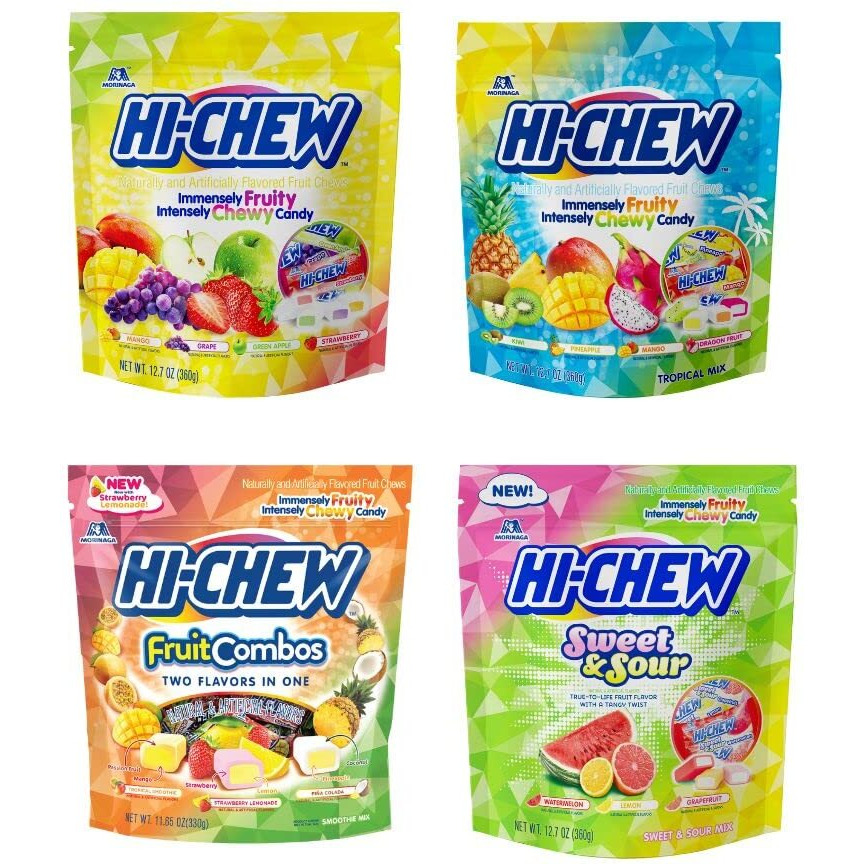 Hi-Chew Variety Pack, 4 Stand Up Pouches | Original Tropical Fruit Combos Sweet & Sour | Unique Fun Soft & Chewy Taffy Candy | Immensely Juicy Exotic Fruit Flavors | Individually Wrapped For Sharing