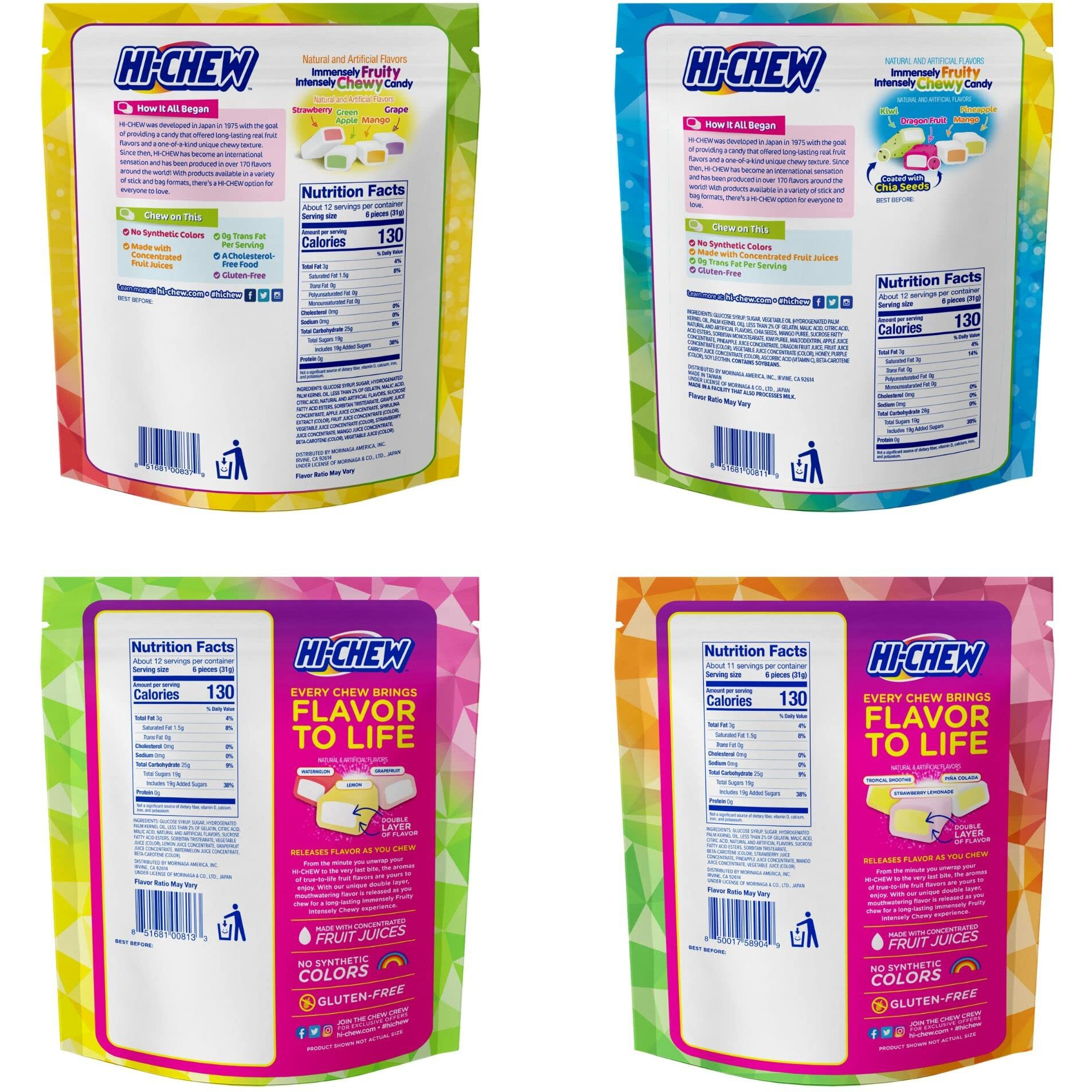 Hi-Chew Variety Pack, 4 Stand Up Pouches | Original Tropical Fruit Combos Sweet & Sour | Unique Fun Soft & Chewy Taffy Candy | Immensely Juicy Exotic Fruit Flavors | Individually Wrapped For Sharing