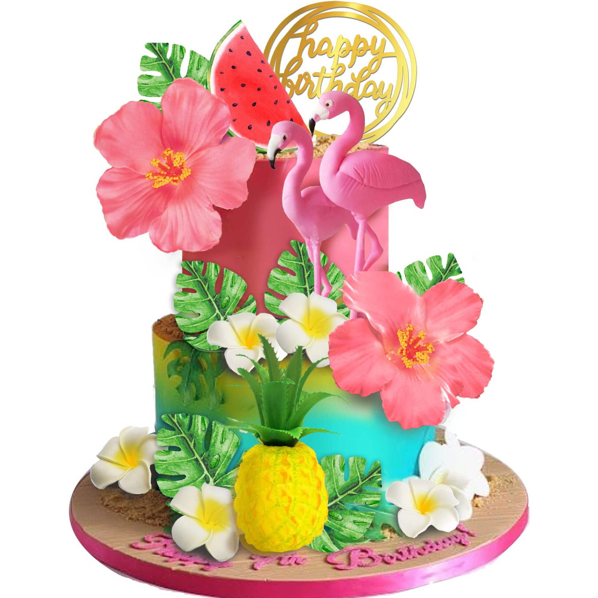 Flamingo Cake Toppers Summer Cake Decorations Pineapple And Hibiscus Flower Palm Leaf Cake Toppers For Tropical Hawaiian Beach Luau Themed Party Supplies (Style 1)