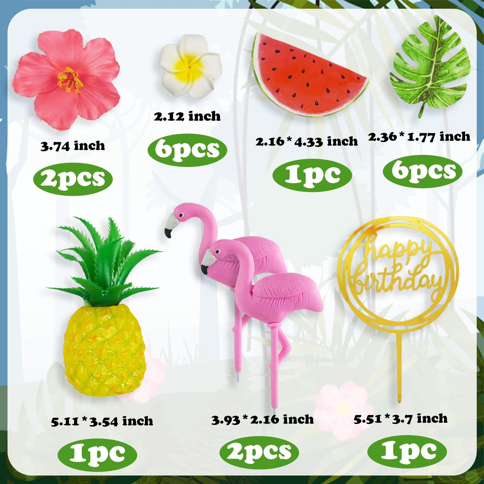 Flamingo Cake Toppers Summer Cake Decorations Pineapple And Hibiscus Flower Palm Leaf Cake Toppers For Tropical Hawaiian Beach Luau Themed Party Supplies (Style 1)