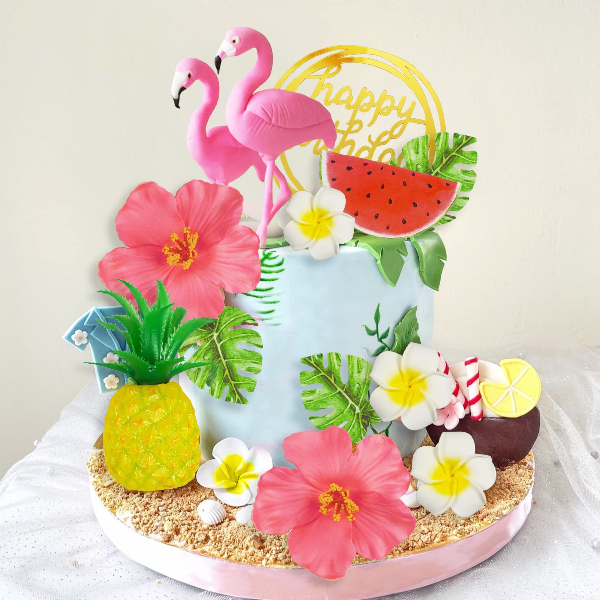 Flamingo Cake Toppers Summer Cake Decorations Pineapple And Hibiscus Flower Palm Leaf Cake Toppers For Tropical Hawaiian Beach Luau Themed Party Supplies (Style 1)