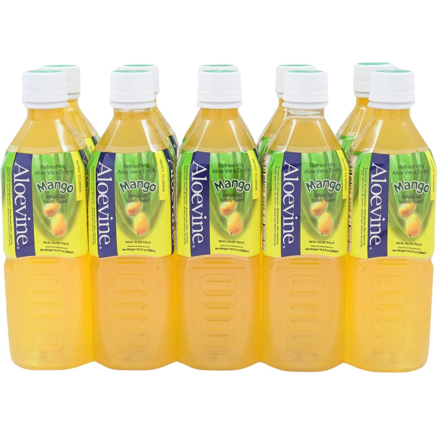 Aloevine Aloe Vera Drink Mango Healthy Juice Pure With Chunks Of Aloe L 16.9 Oz. 10 Pack L Plant Based Vegetable Korean Drinks