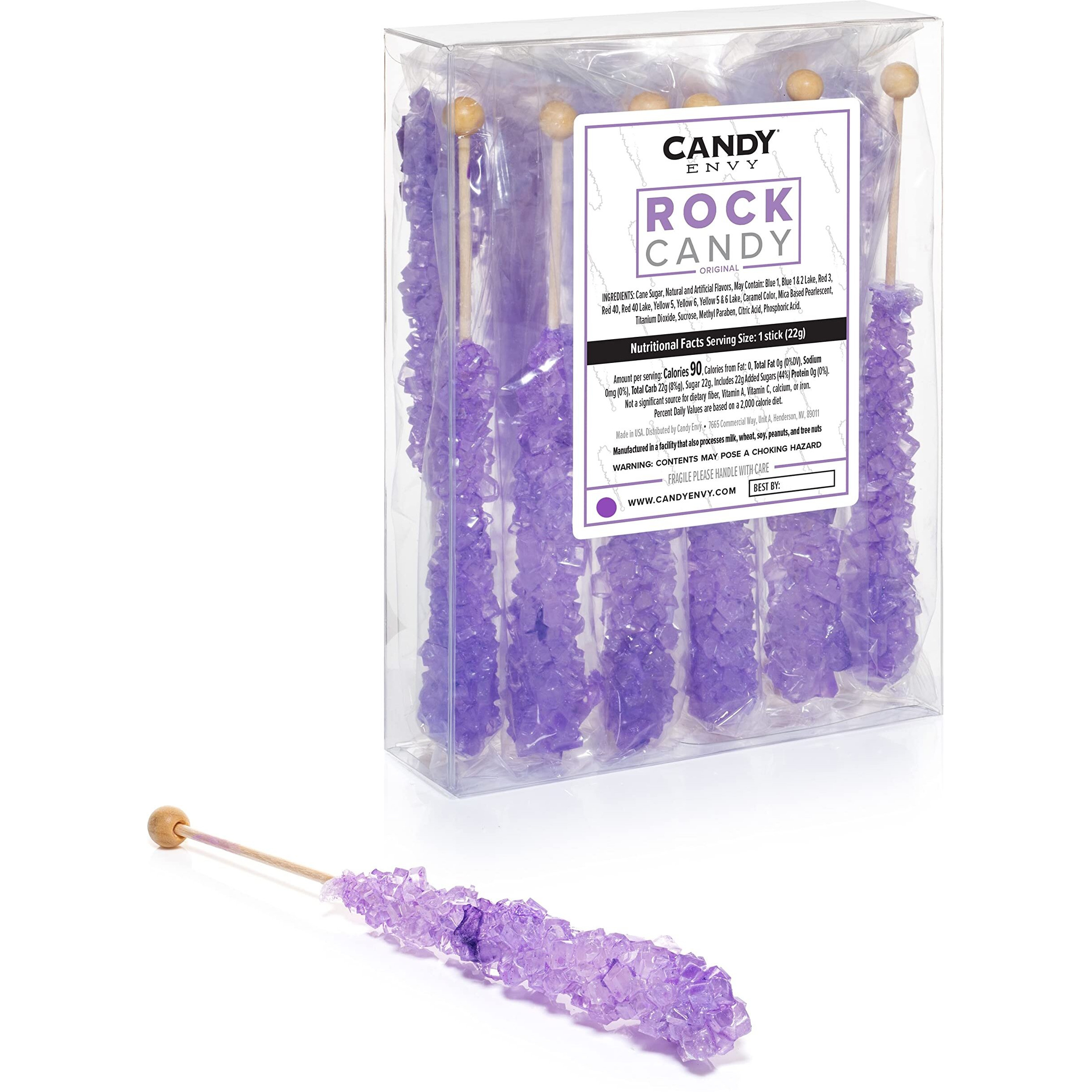 Candy Envy - Lavender Rock Candy Sugar Sticks - Tutti Frutti Flavored - 12 Indiv. Wrapped