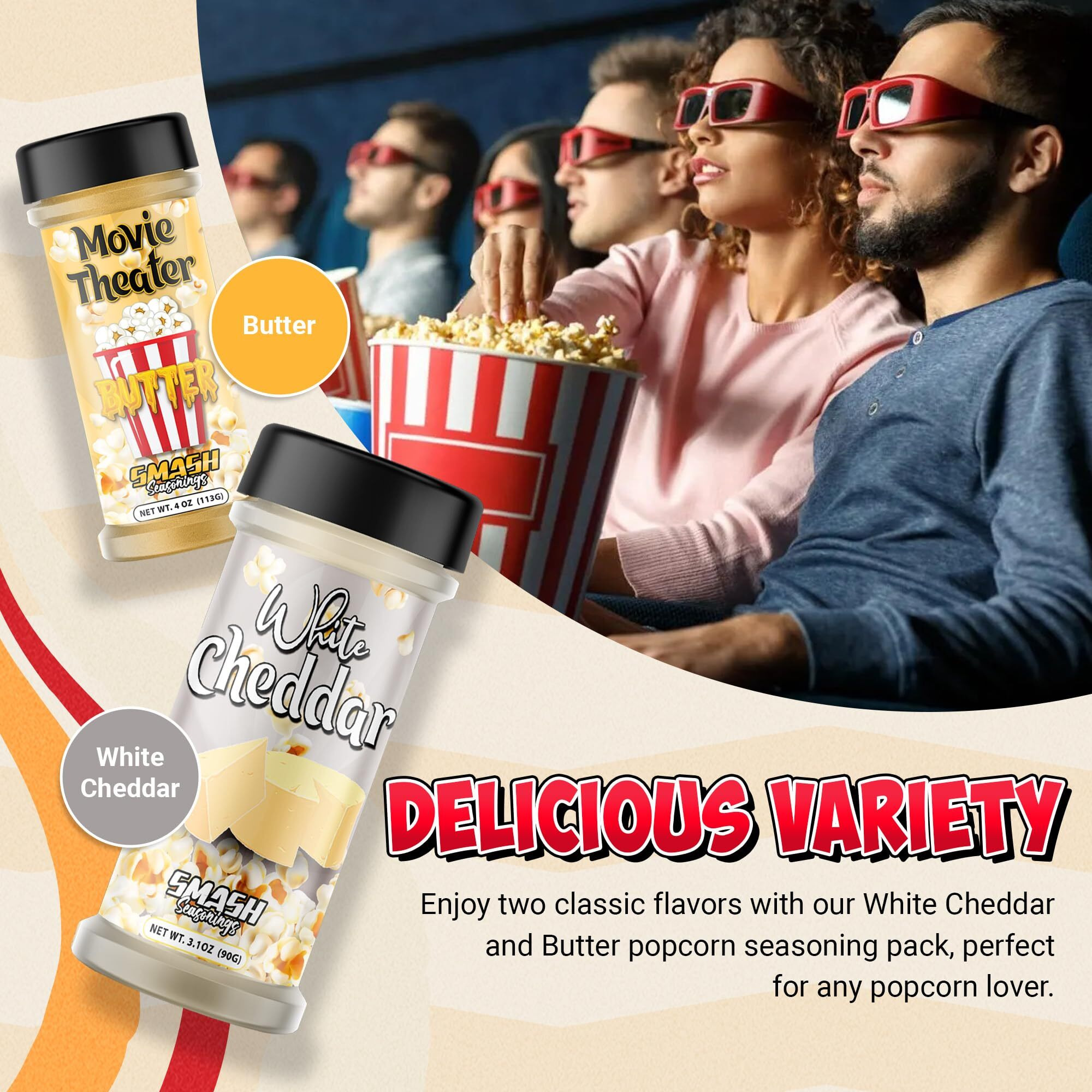 Smash Seasonings White Cheddar Cheese & Movie Theater Butter - 2 Pack Of Delicious Popcorn Flavoring Seasoning In A Shaker Bottle - Enhance Your Snacks With Our Popcorn Seasoning Variety Pack