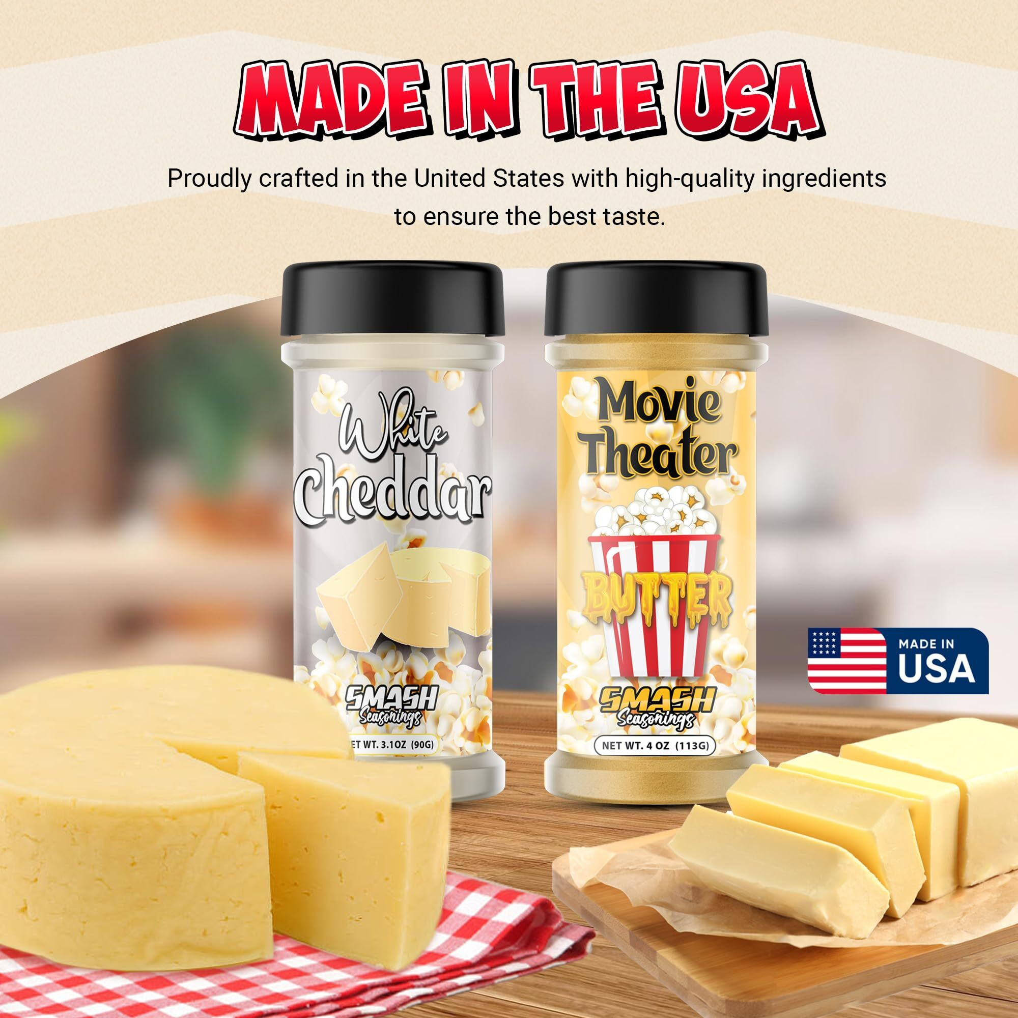 Smash Seasonings White Cheddar Cheese & Movie Theater Butter - 2 Pack Of Delicious Popcorn Flavoring Seasoning In A Shaker Bottle - Enhance Your Snacks With Our Popcorn Seasoning Variety Pack