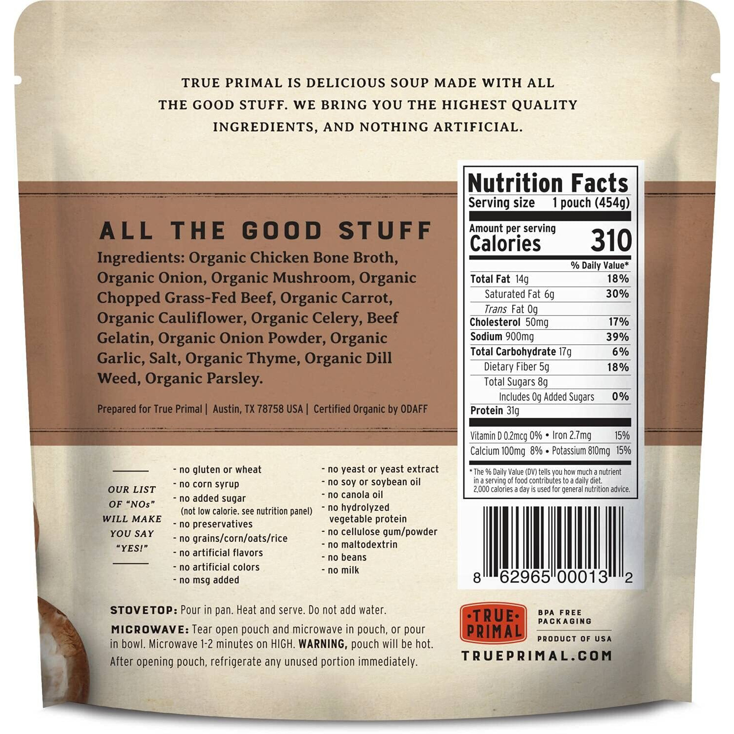 True Primal Beef & Mushroom Organic Soup 8-Pack, Ready To Eat, Gluten Free, Paleo, Grass-Fed Beef, Whole30, Keto, Aip, Bone Broth