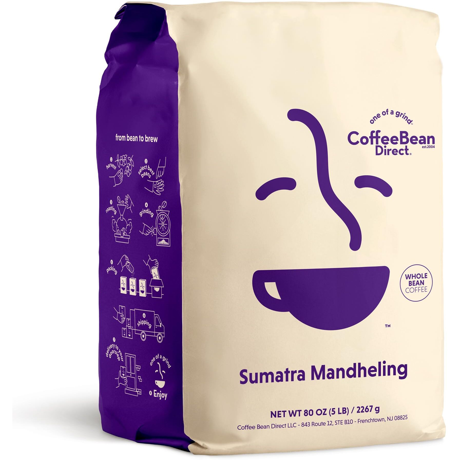 Coffee Bean Direct Sumatra Mandheling, Whole Bean Coffee, 5-Pound Bag
