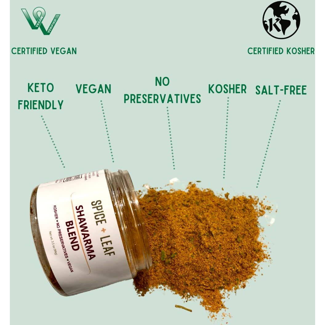 Premium Shawarma Spice Seasoning By Spice + Leaf, 3.5 Oz - Kosher, Vegan Preservative Free Spice Blend For Middle Eastern Flavor. Vegetarian, Dairy Free And Salt Free