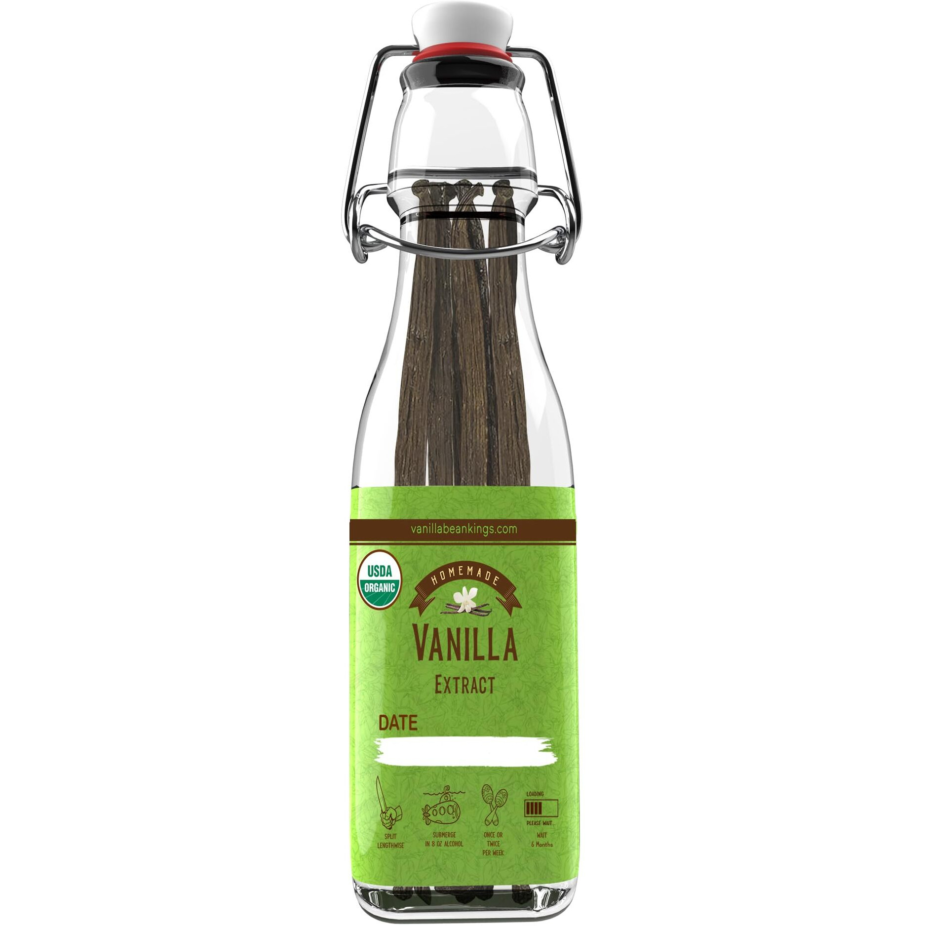 Homemade Vanilla Extract Kit | Diy | 1 Ounce Of Premium Organic Madagascar Grade A Vanilla Beans 6-7 Inches (Appoximately 8-10 Beans) With 8.5 Oz Swing Top Glass Bottle | For Cooking And Baking