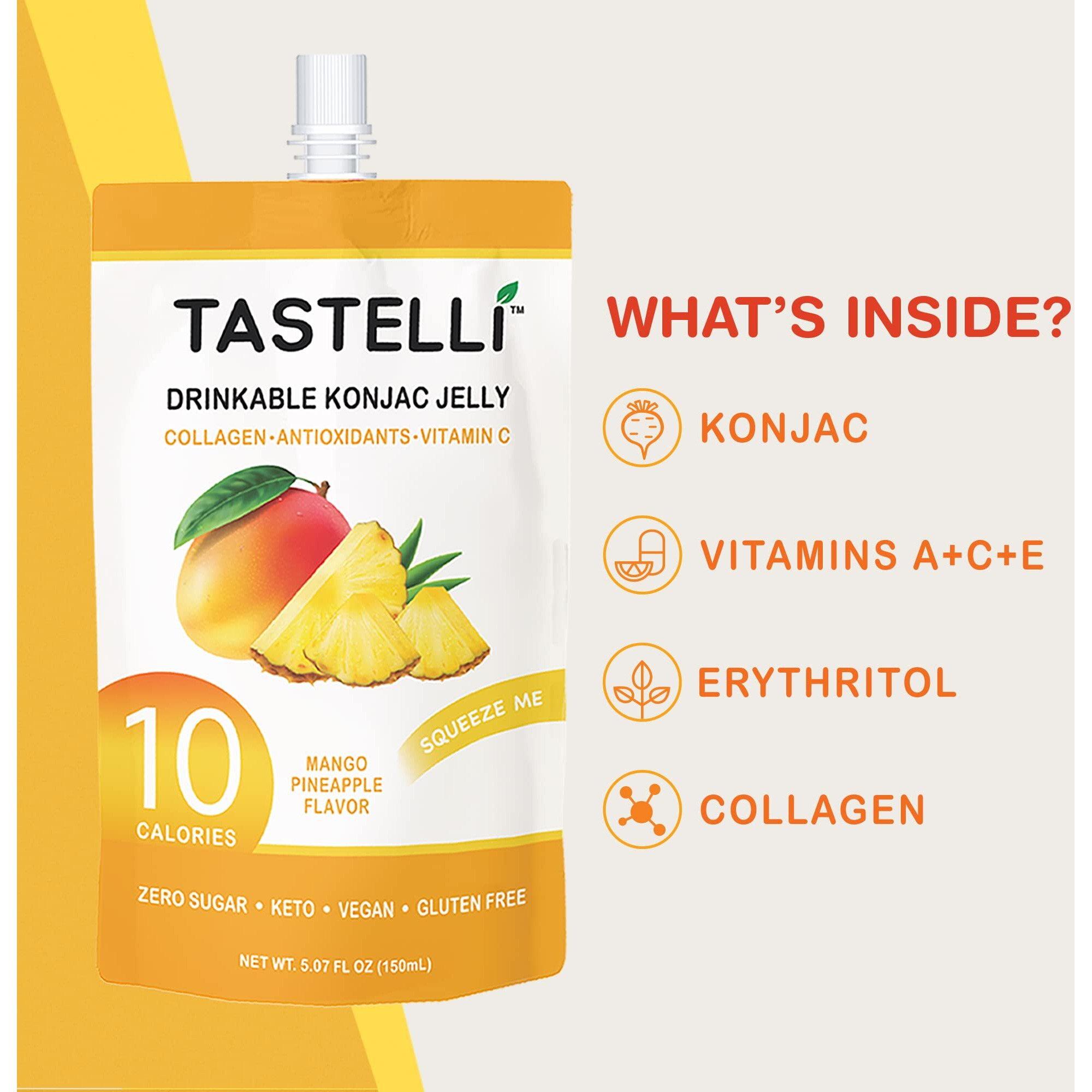 Tastelli Konjac Jelly Infused With Collagen Drink + Vitamin C + Antioxidants / 10 Calories, Vegan, Zero Sugar/Healthy Drinkable Dessert Pouch / (Mango Pineapple) - 150Ml X 10 Pouches