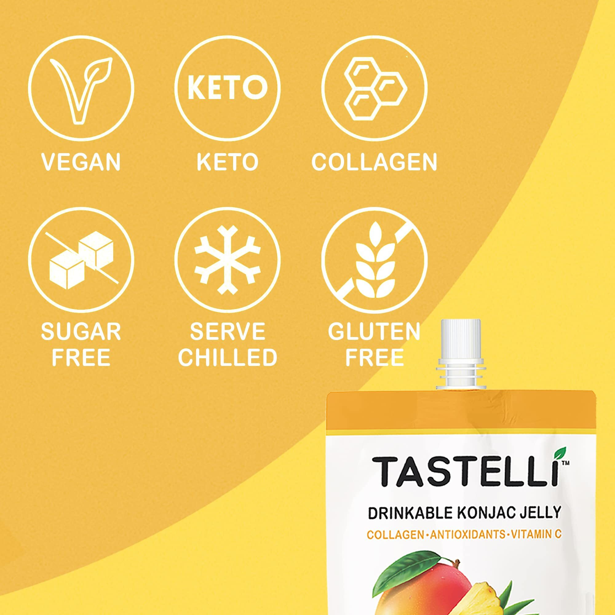 Tastelli Konjac Jelly Infused With Collagen Drink + Vitamin C + Antioxidants / 10 Calories, Vegan, Zero Sugar/Healthy Drinkable Dessert Pouch / (Mango Pineapple) - 150Ml X 10 Pouches
