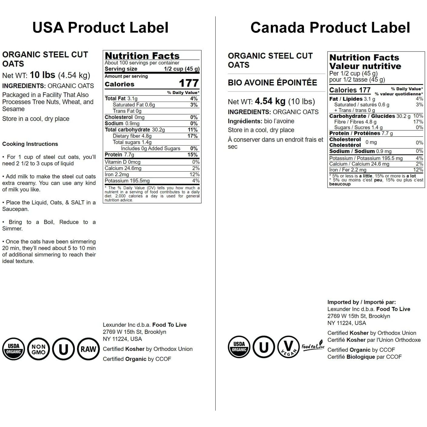 Food To Live Organic Steel Cut Oats, 10 Pounds - 100% Whole Grain Irish Oats, Non-Gmo Cereal, Non-Irradiated, Vegan, Bulk, Product Of The Usa