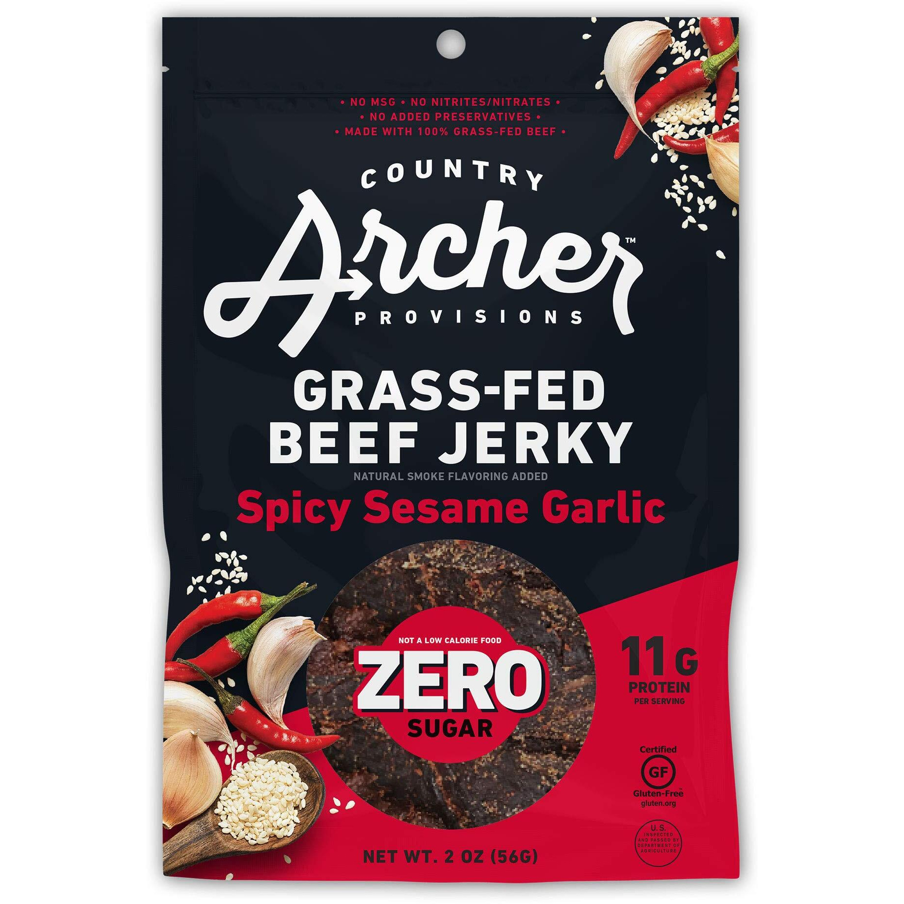 Country Archer Grass Fed Beef Jerky - Zero Sugar Beef Jerky, Sugar Free Beef Jerky Snack Pack, Beef Jerky Bulk, Individual Beef Jerky Packs, Gluten Free, Paleo - Spicy Sesame Garlic, 2 Oz (Pack Of 6)