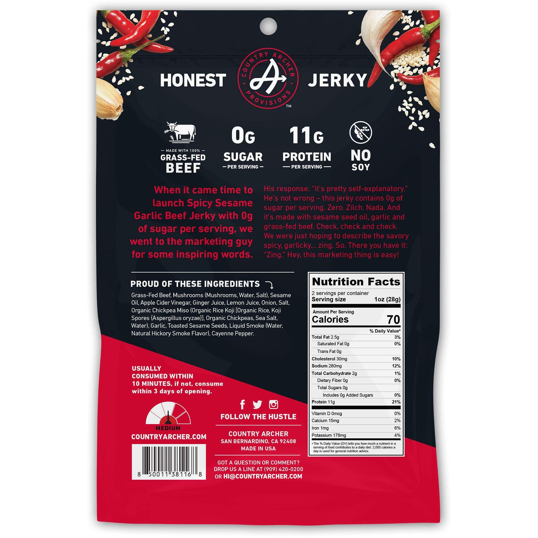 Country Archer Grass Fed Beef Jerky - Zero Sugar Beef Jerky, Sugar Free Beef Jerky Snack Pack, Beef Jerky Bulk, Individual Beef Jerky Packs, Gluten Free, Paleo - Spicy Sesame Garlic, 2 Oz (Pack Of 6)