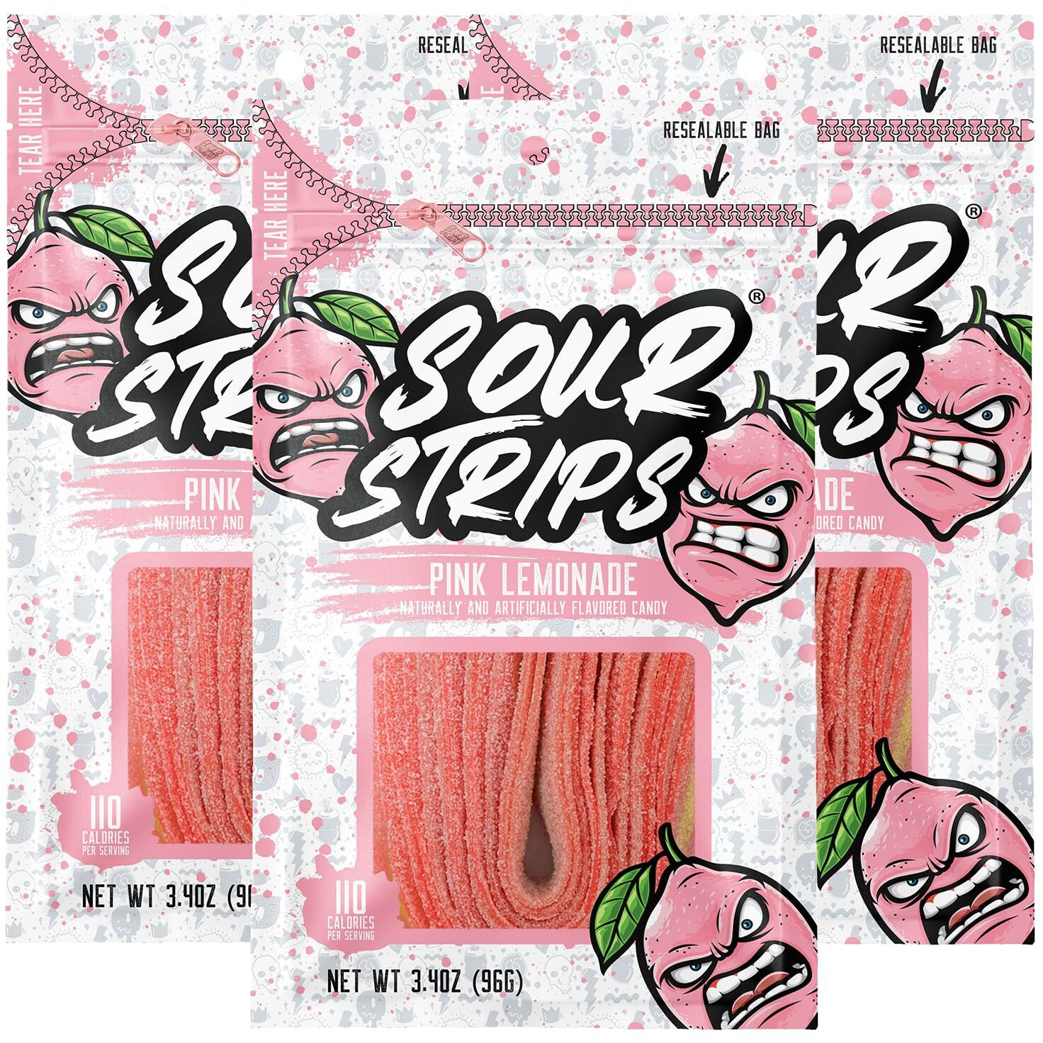 Sour Strips Flavored Sour Candy Strips, Deliciously Sour Chewy Candy Belts, Vegetarian Candies, 3 Pack (Pink Lemonade (3-Pack))