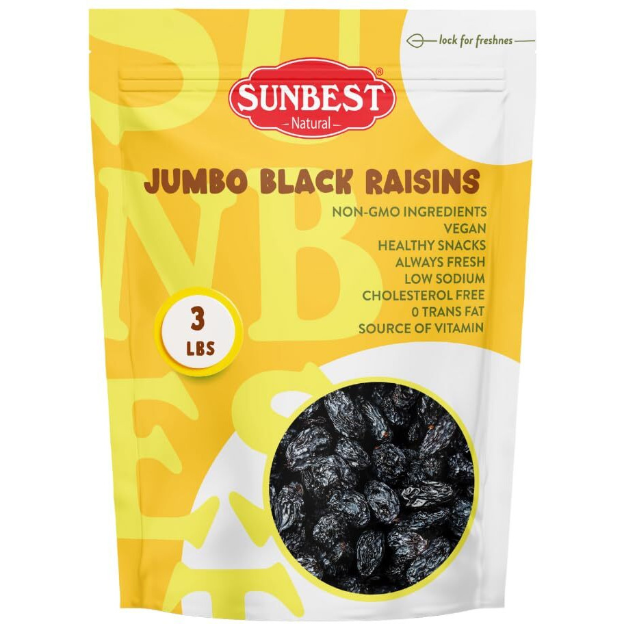 Sunbest Natural Jumbo Raisins Black 48 Oz (3 Lbs) - Plump & Juicy, Rich In Healthful Nutrients & Dietary Fiber - Resealable Bag - Ideal For Snacking, Cooking & Baking - Long Lasting Freshness