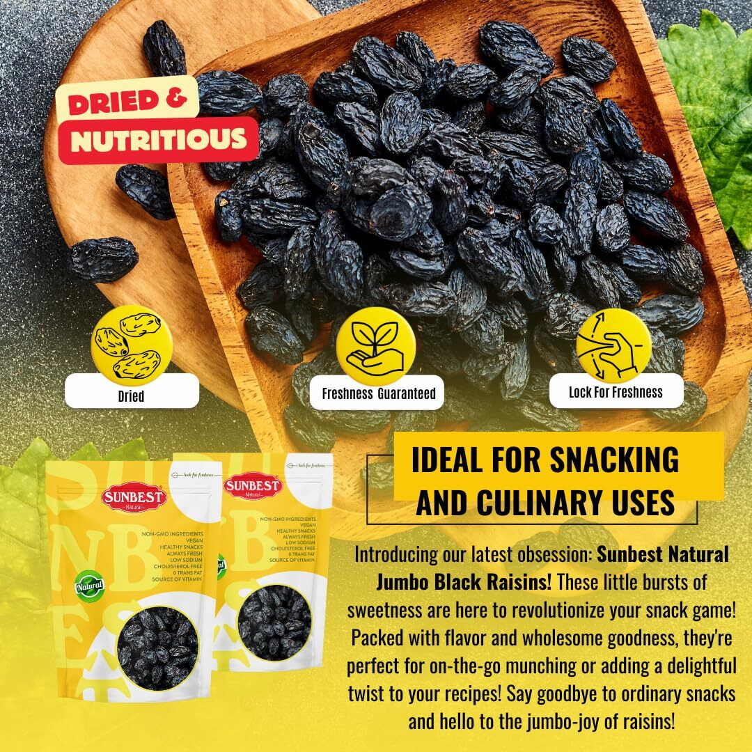 Sunbest Natural Jumbo Raisins Black 48 Oz (3 Lbs) - Plump & Juicy, Rich In Healthful Nutrients & Dietary Fiber - Resealable Bag - Ideal For Snacking, Cooking & Baking - Long Lasting Freshness