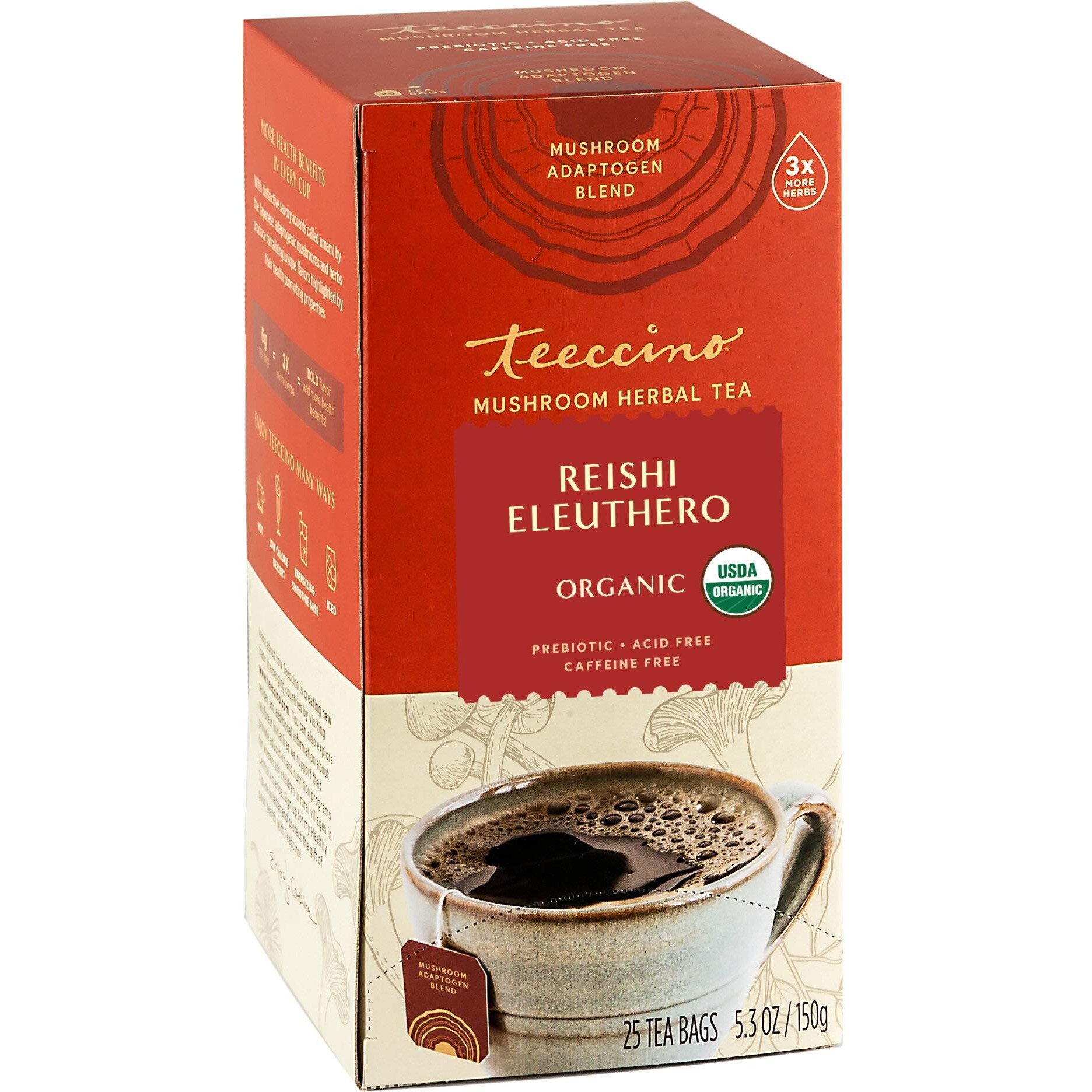 Teeccino Reishi Eleuthero Tea - French Roast - Organic Mushroom Adaptogenic Herbal Tea, 3X More Herbs Than Regular Tea Bags, Caffeine Free, Chicory Prebiotic - 25 Tea Bags