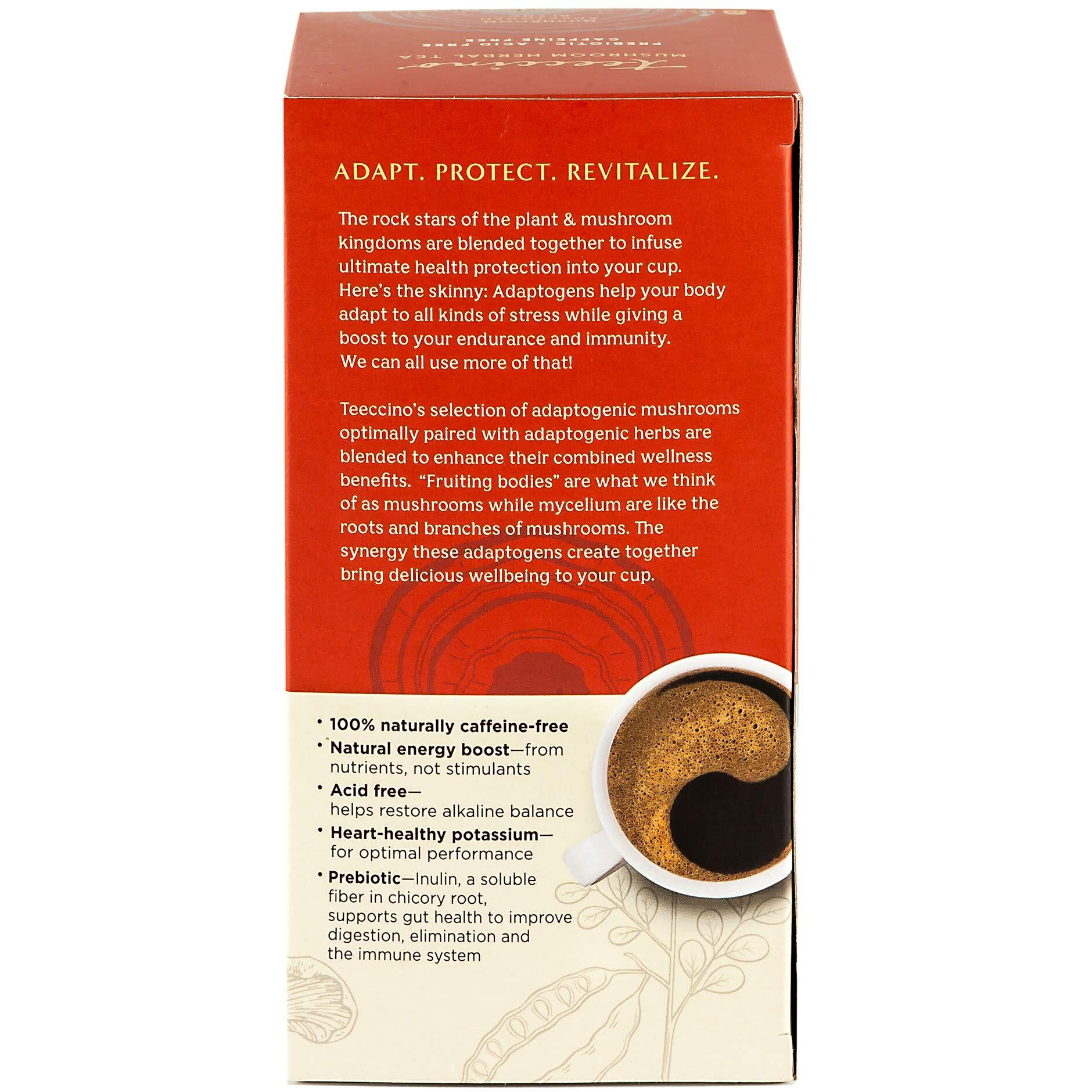 Teeccino Reishi Eleuthero Tea - French Roast - Organic Mushroom Adaptogenic Herbal Tea, 3X More Herbs Than Regular Tea Bags, Caffeine Free, Chicory Prebiotic - 25 Tea Bags