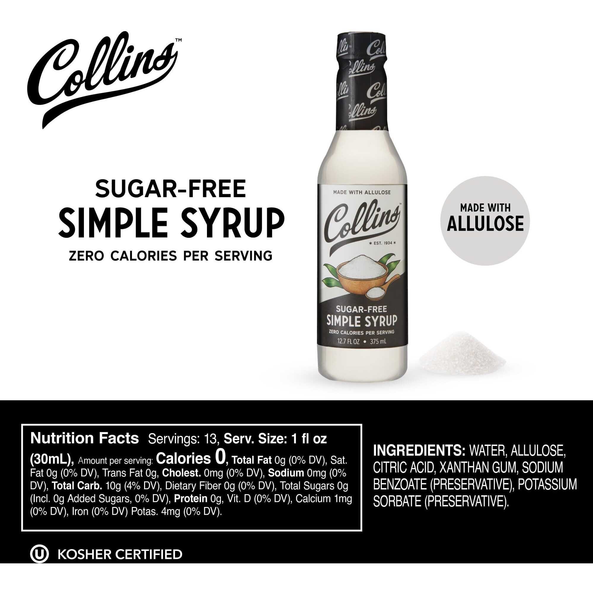 Collins Sugar Free Simple Syrup For Drinks, Sugar Free Coffee Syrup, Simple Syrup Cocktail Ingredients Simple Syrup Keto 12.7Oz