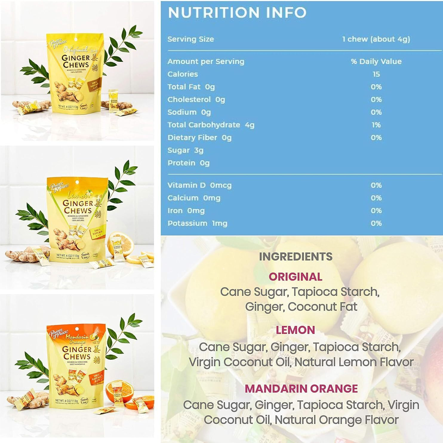Prince Of Peace Ginger Chews Variety Pack 4Oz - Flavors Original, Lemon, Blood Orange, 100% Natural, Non-Gmo, Vegan And Gluten-Free, (Pack Of 3)