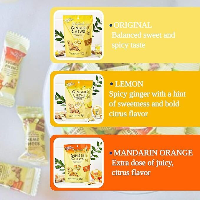 Prince Of Peace Ginger Chews Variety Pack 4Oz - Flavors Original, Lemon, Blood Orange, 100% Natural, Non-Gmo, Vegan And Gluten-Free, (Pack Of 3)