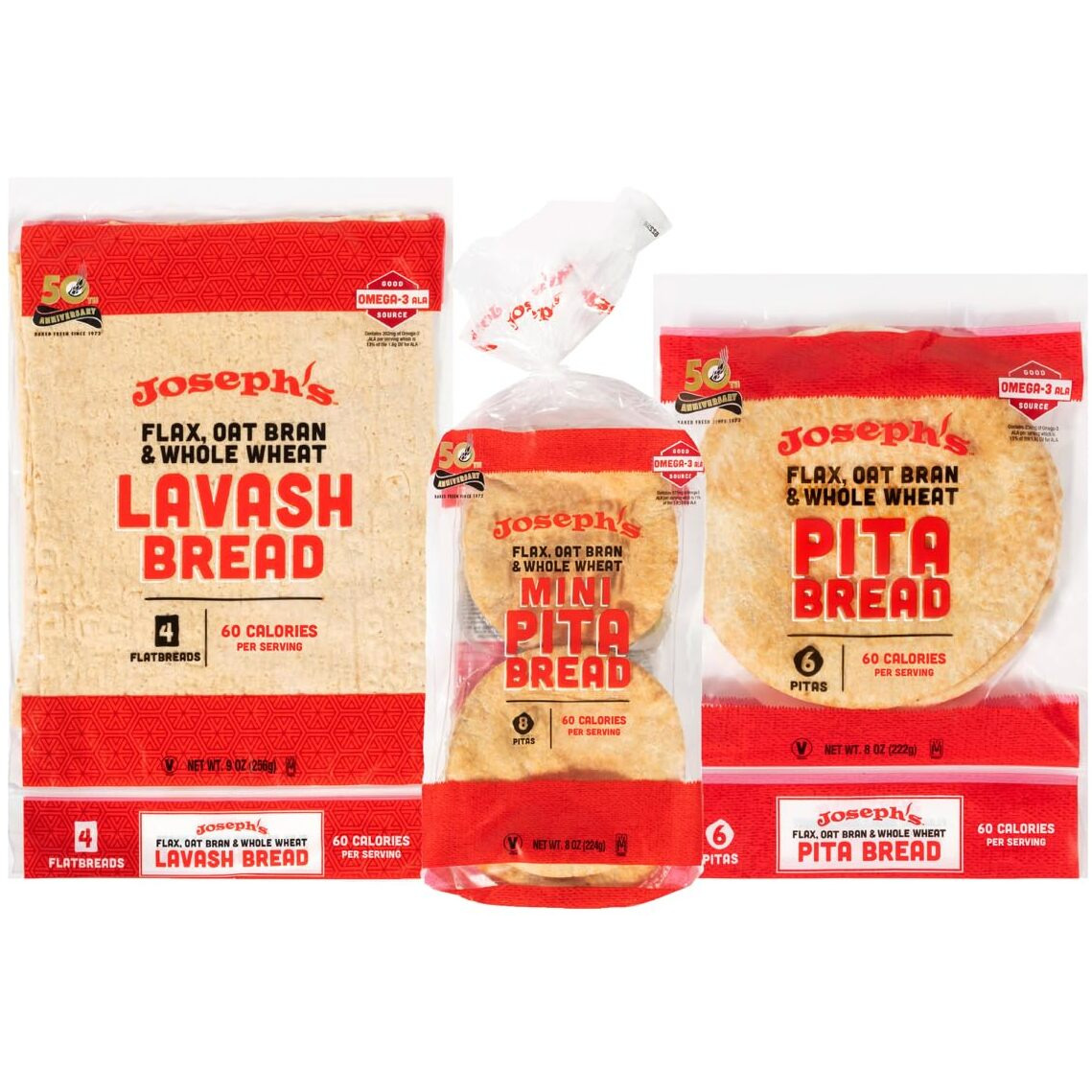 Joseph's Combo Value Pack, Flax, Oat Bran & Whole Wheat, Low Carb Pita Bread, Lavash Bread, And Mini Pita, Fresh Baked (1 Pack Each, 3 Packages Total)