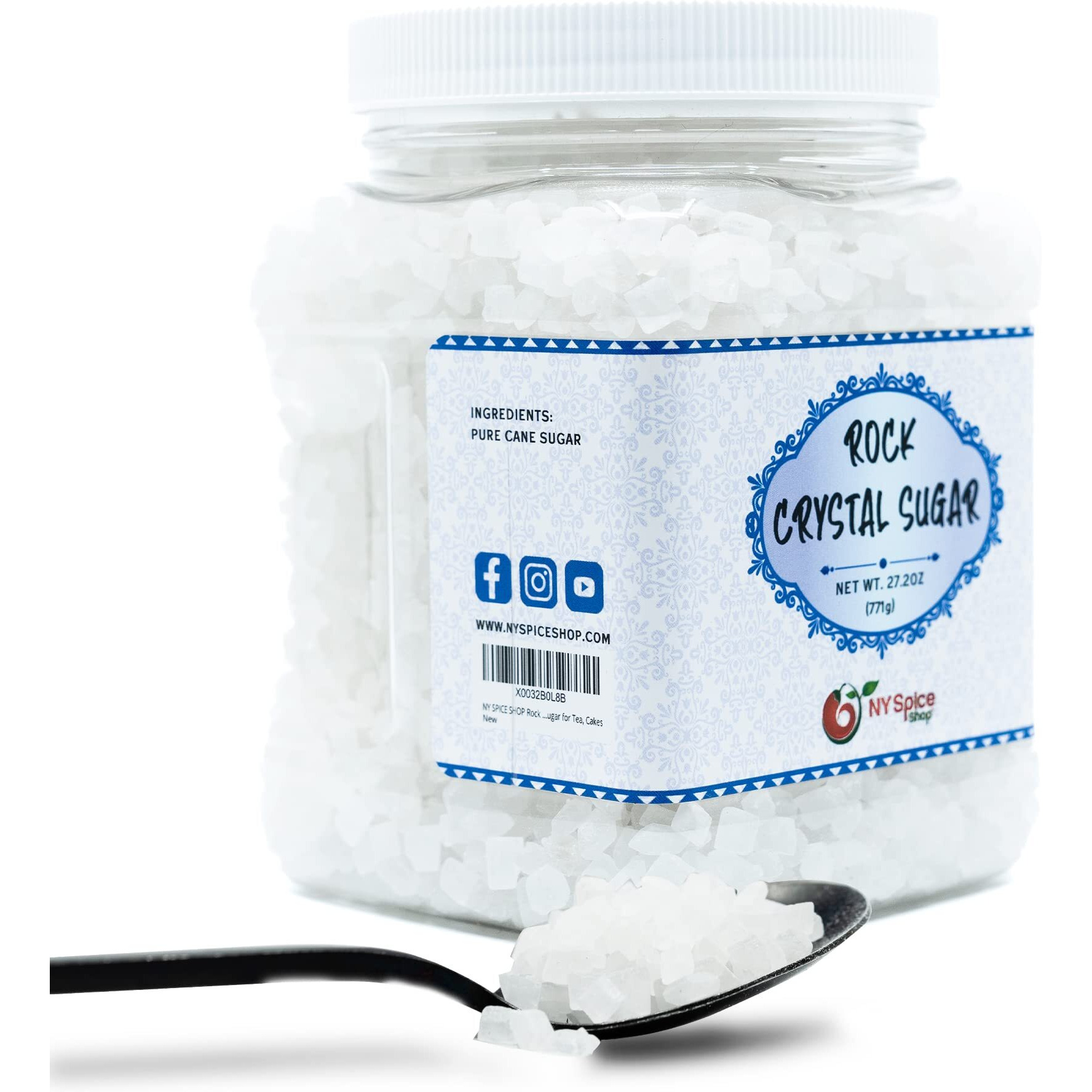 Ny Spice Shop Rock Crystal Sugar - 1.7 Pound (27.2 Ounce) Jar Rock Candy Crystals - Sugar Rocks Whole - Sugar Crystals - Rock Candy - Rock Sugar For Tea, Cakes