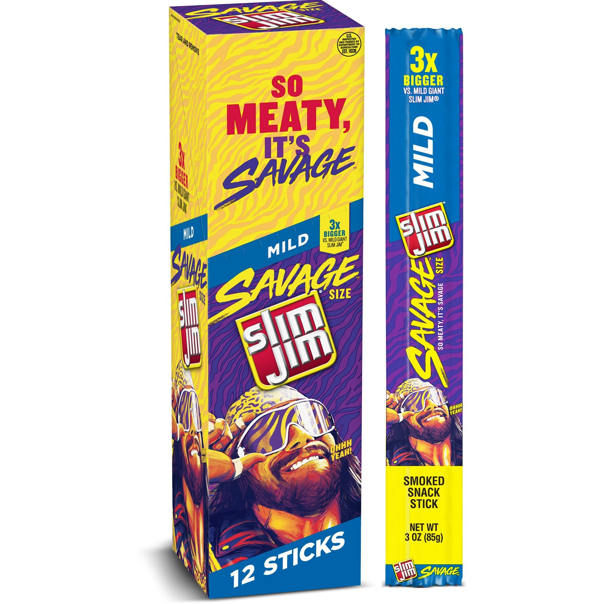 Slim Jim Savage Mild Flavor Smoked Meat Snack Sticks, Keto Friendly Snack, 3 Oz. 12-Count