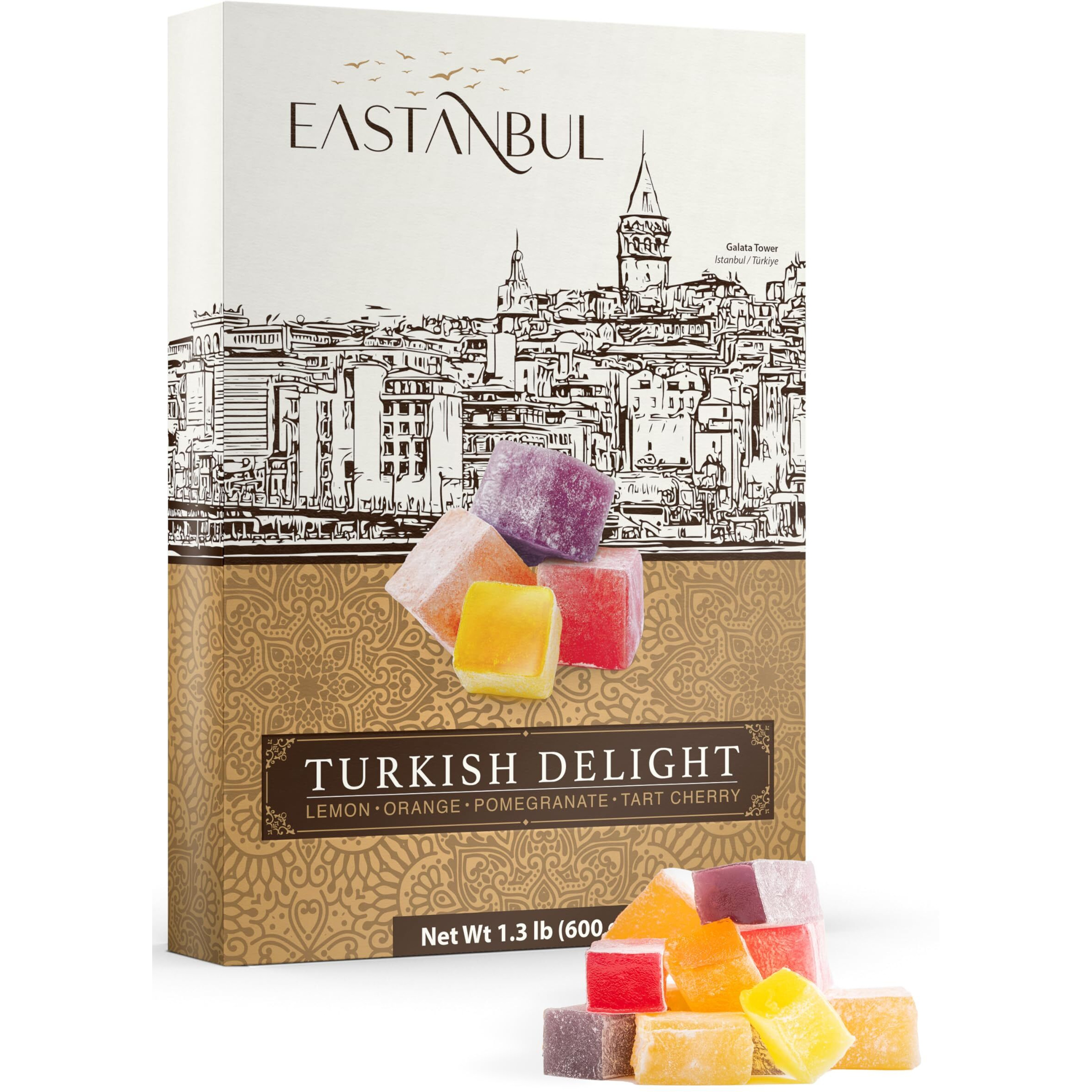 Eastanbul Turkish Delight Candy 21.2Oz, 4 Flavors Pomegranate, Orange, Tart Cherry, & Lemon Turkish Delights Assorted, Foreign Candy Of Turkish Lokum, Turkish Delight Plain, International Candy Box, Valentine's Day Gift