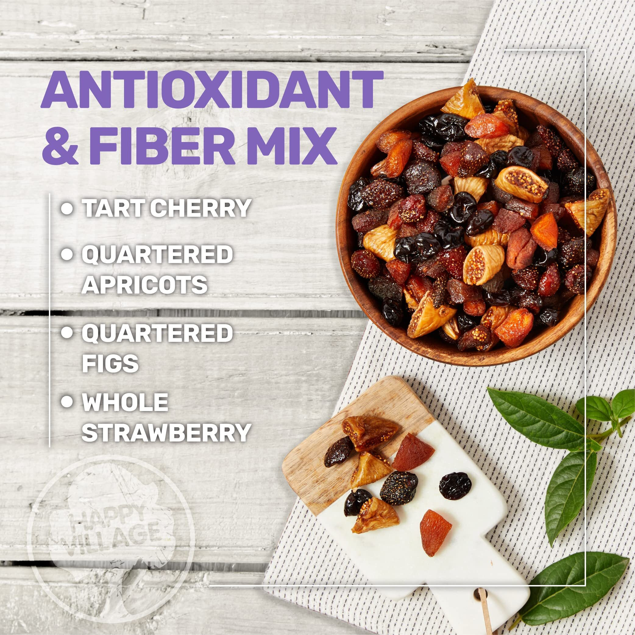 Organic Dried Fruit Mix - Apricots, Figs, Strawberries & Tart Cherries I Happy Village I 18 Oz (Pack Of 3) I No Refined Sugar, Unsulfured Dried Fruit Medley