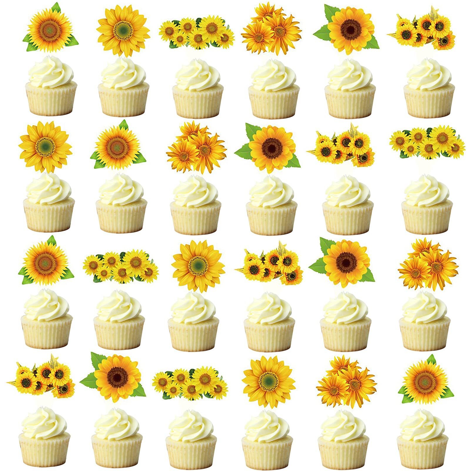 Fenghu 48 Pcs Sunflower Cupcake Toppers For Sunflower Birthday Party Decorations Supplies
