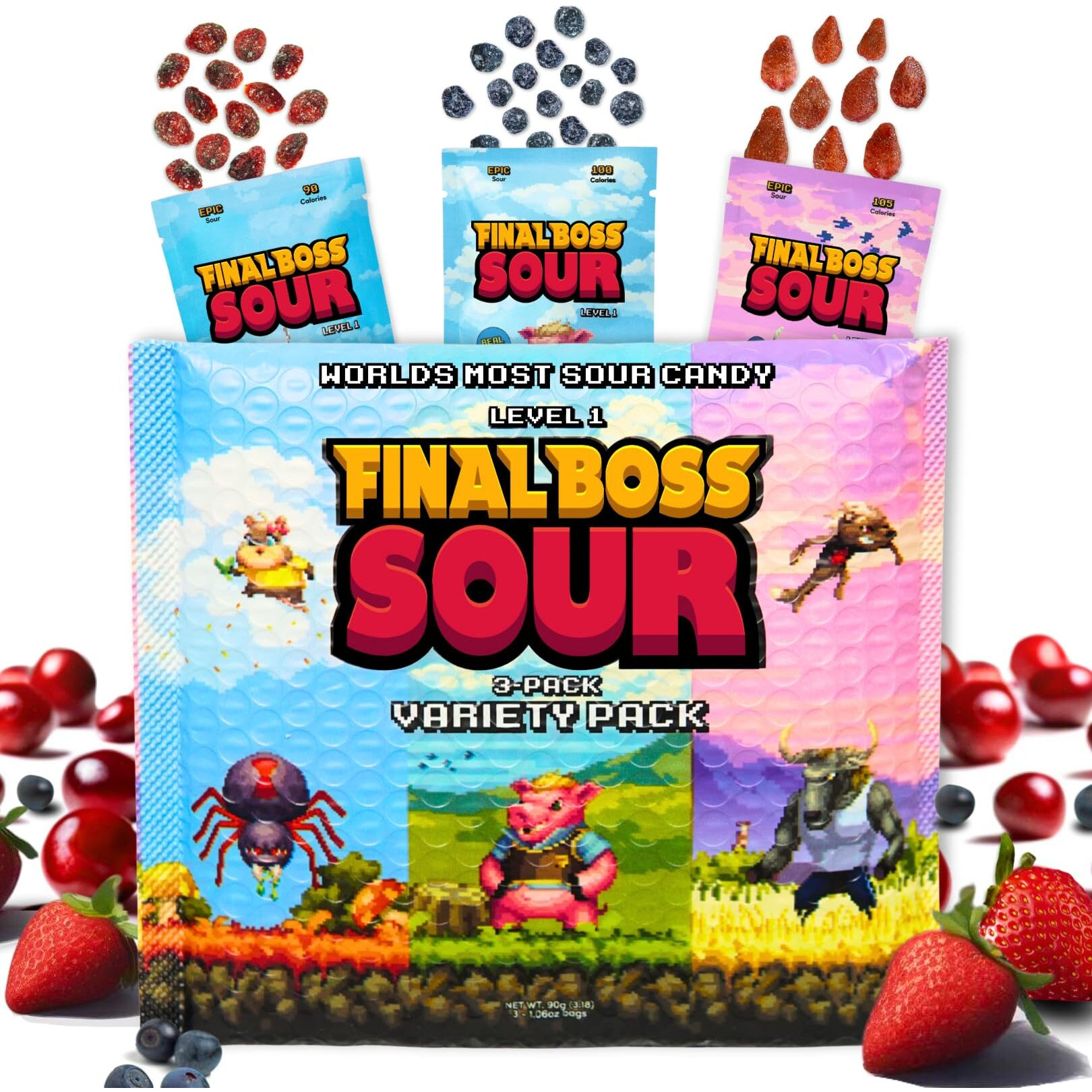Final Boss Sour Candy Minipacks, Worlds Most Extreme Super Sour Snack Challenge, Free Of Artificial Colors, Low Calorie Healthy Snack For Kids & Adults - 3 Pack (Level 1)