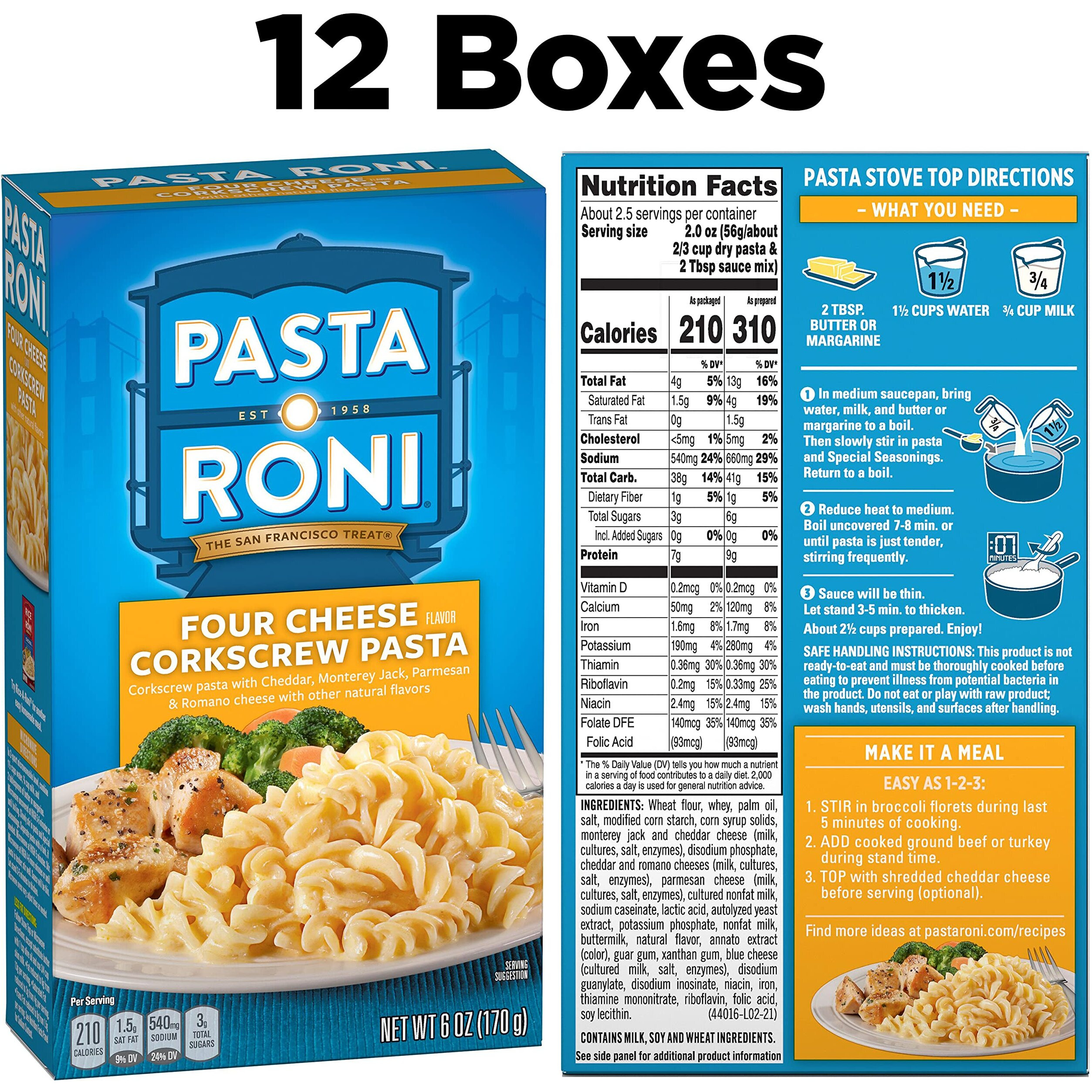 Pasta Roni, Four Cheese Corkscrew Pasta, 6Oz Boxes (12 Pack)