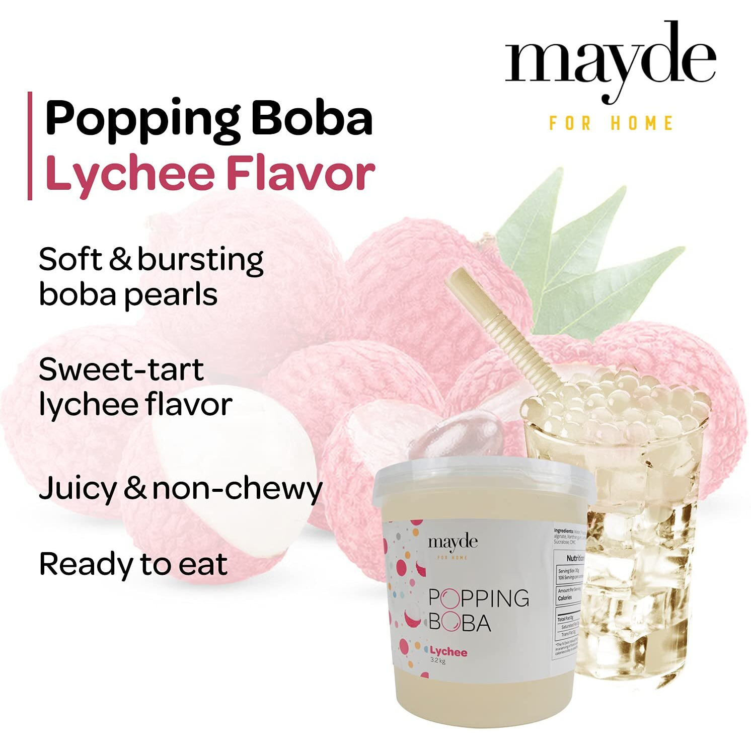 Mayde Popping Boba Pearls For Drinks, Desserts, & Breakfast Bowls (Lychee Flavor, 7 Pounds)
